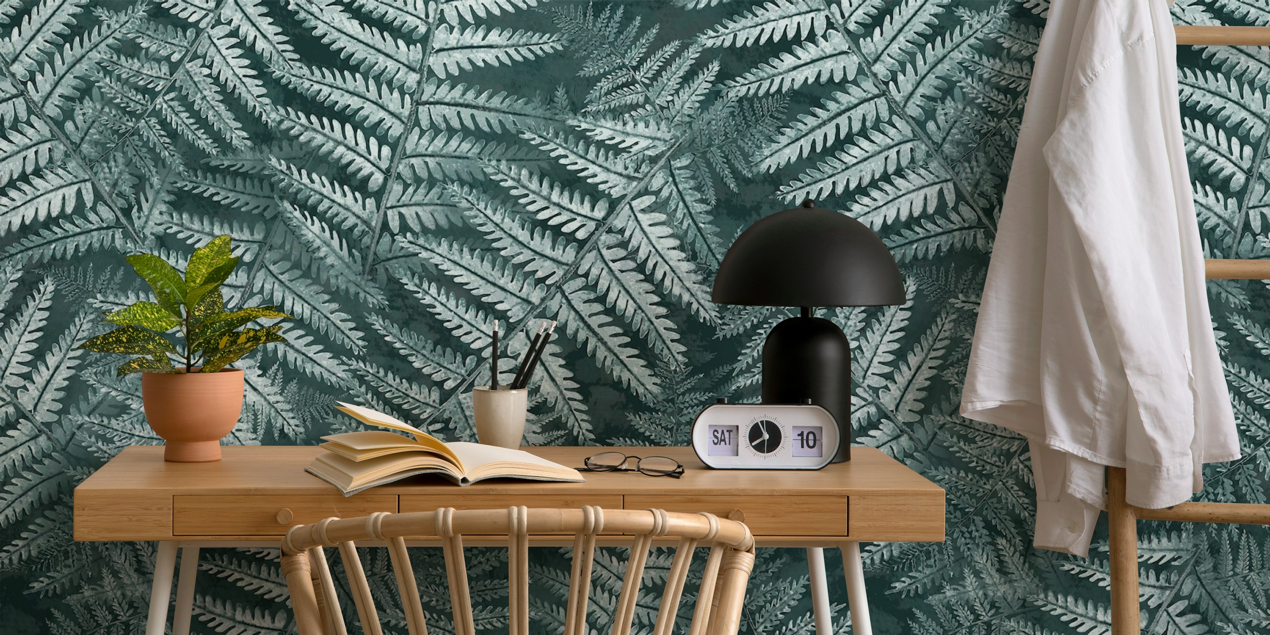 Botanical fern leaves pattern in dark green tones wallpaper