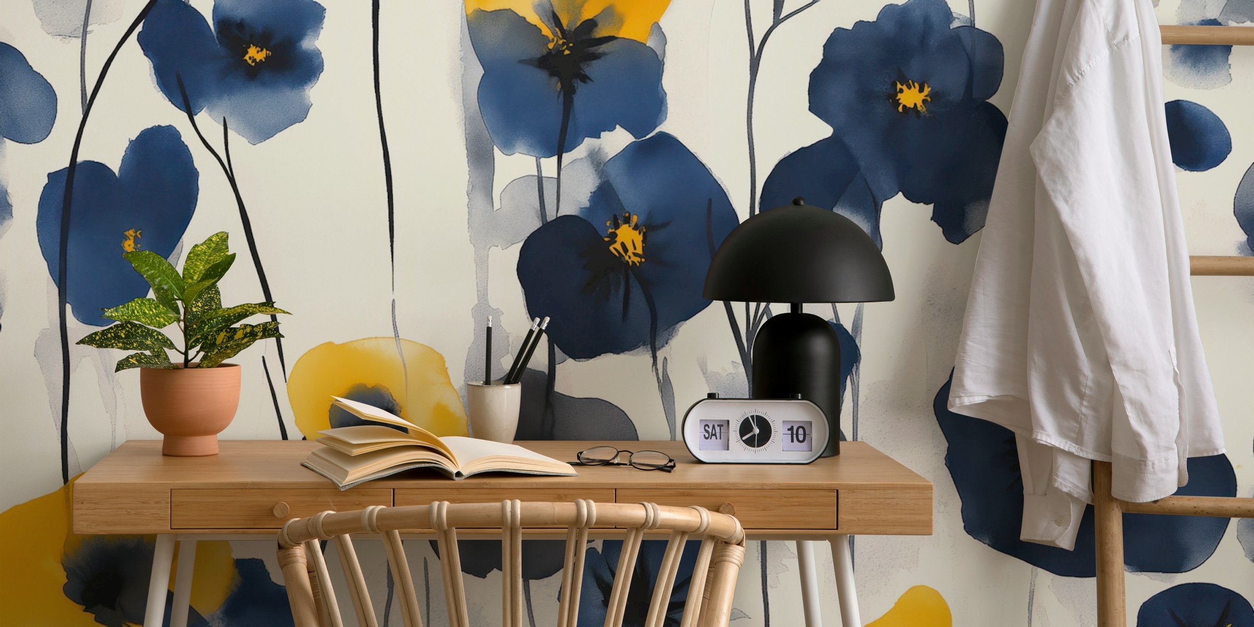 Midnight blue and gold floral pattern wallpaper on light background