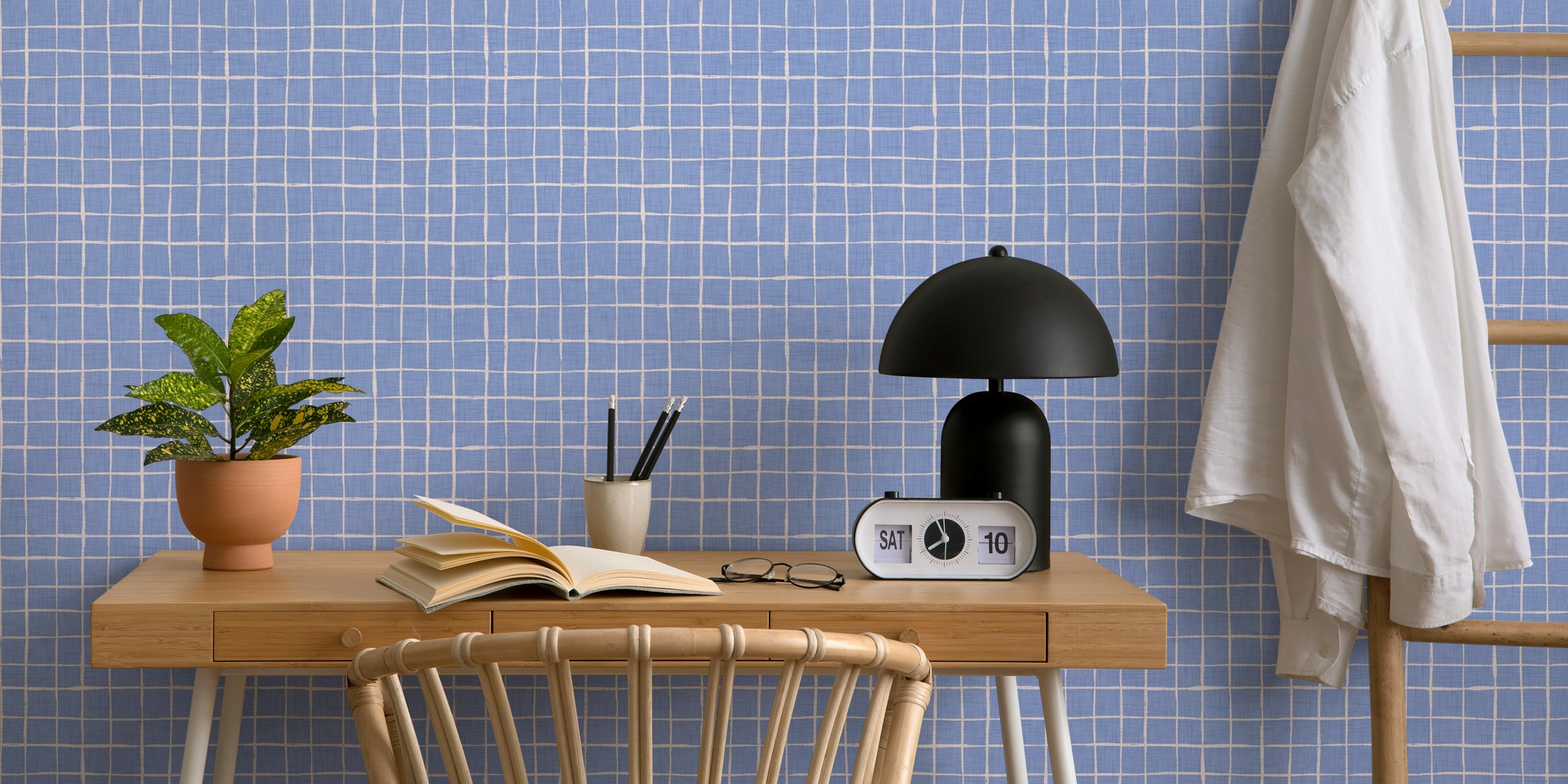 Ταπετσαρία Gingham Blue Grid σε ένα δωμάτιο