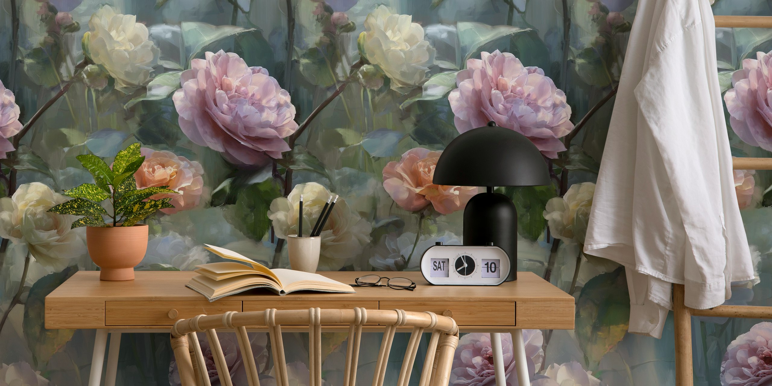 Papel pintado floral Elegant Rose Dreams en una habitación