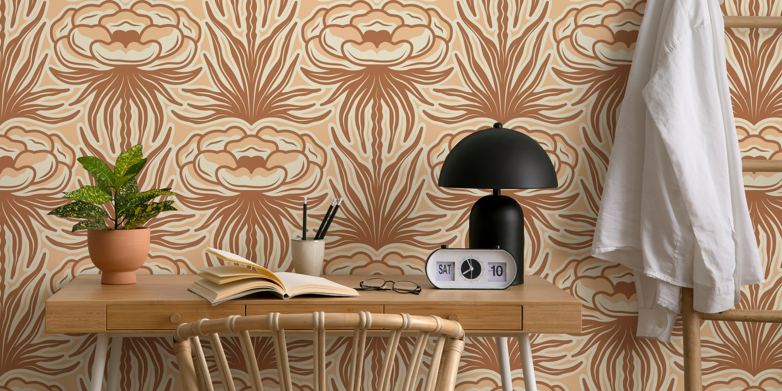 Vintage peony blossoms brown wallpaper in a room