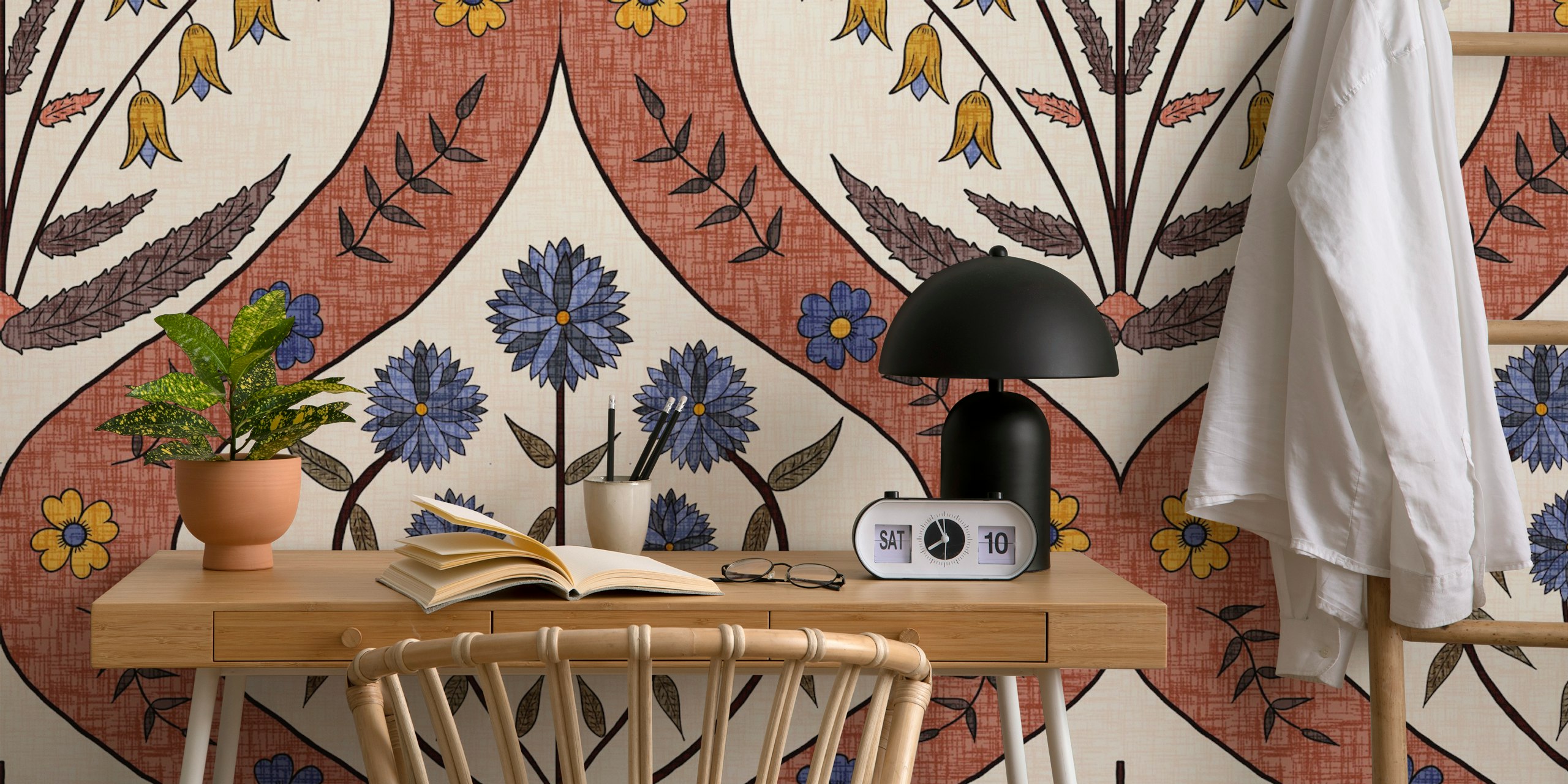 Floral pattern with blue flowers and terra cotta background wallpaper