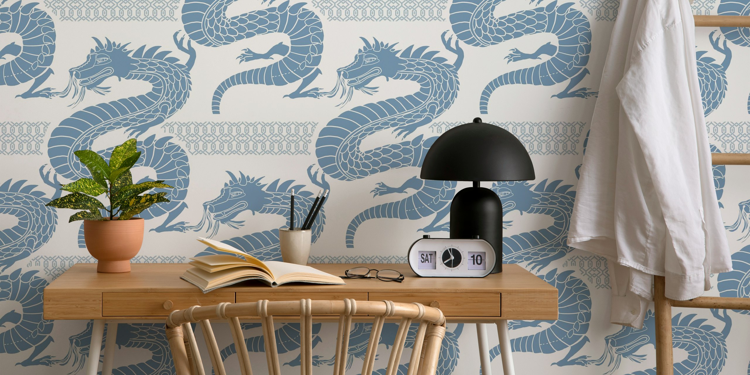 Blue dragon pattern on light background wall mural