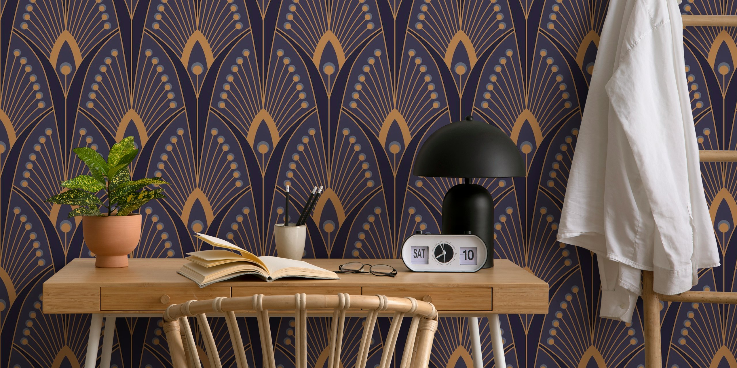 Art deco peacock feather design in blue and gold wallpaper