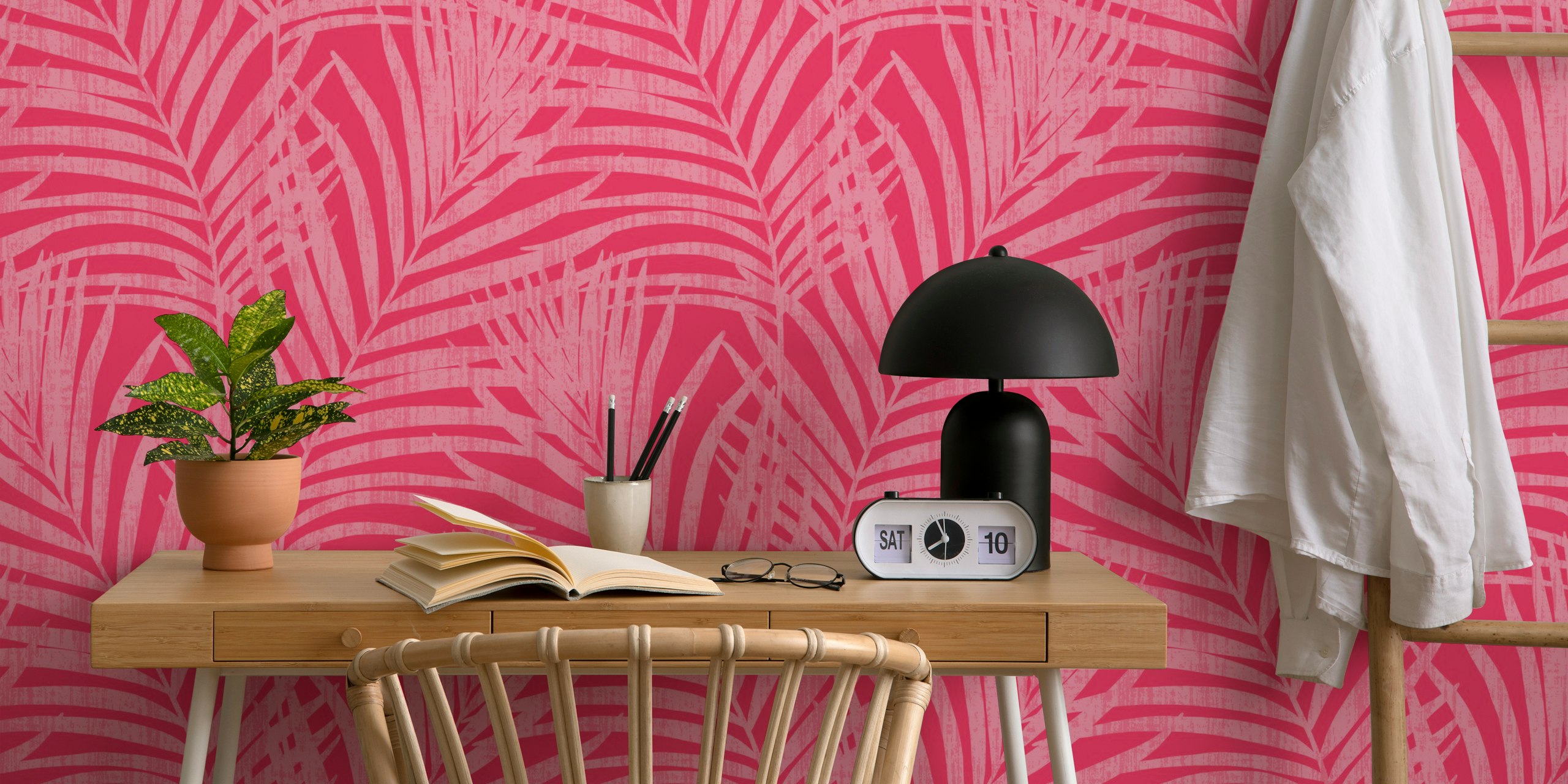 Pink tropical palm leaves in a textured pattern wallpaper