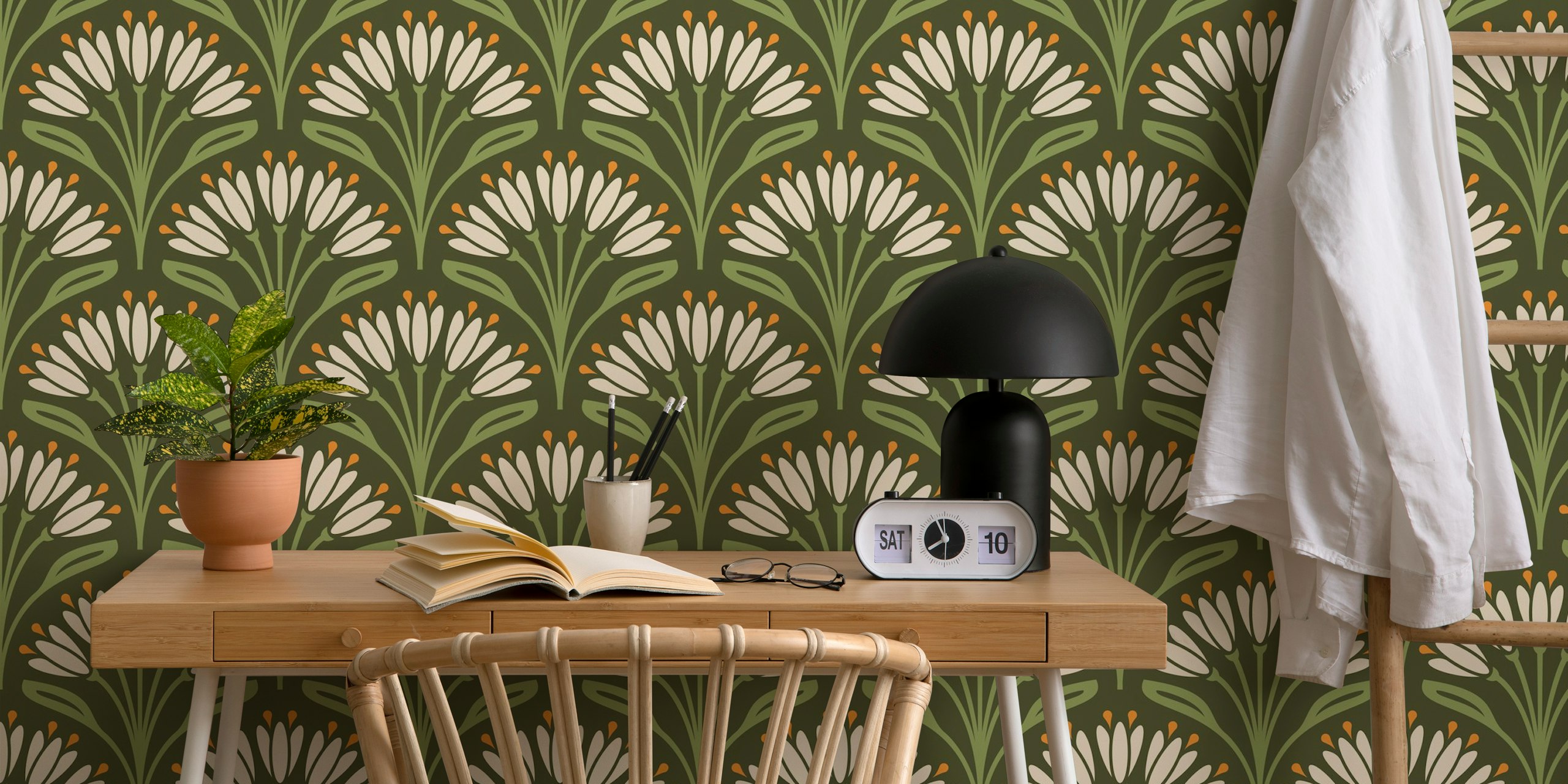 Art Nouveau Floral Touch in Green design de papier peint