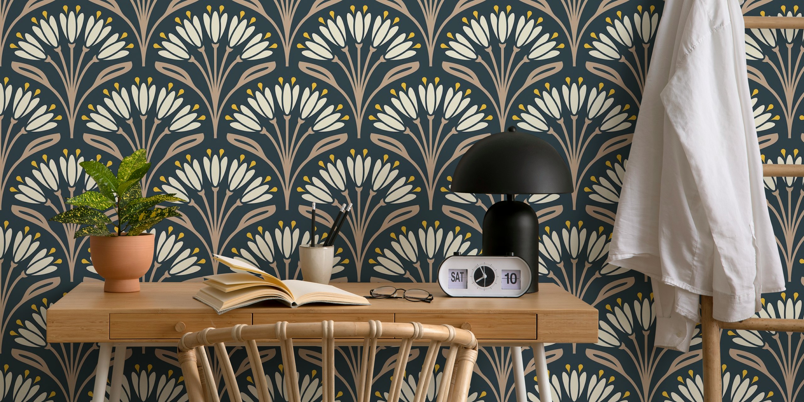 Beige floral pattern with white flowers and yellow accents wallpaper
