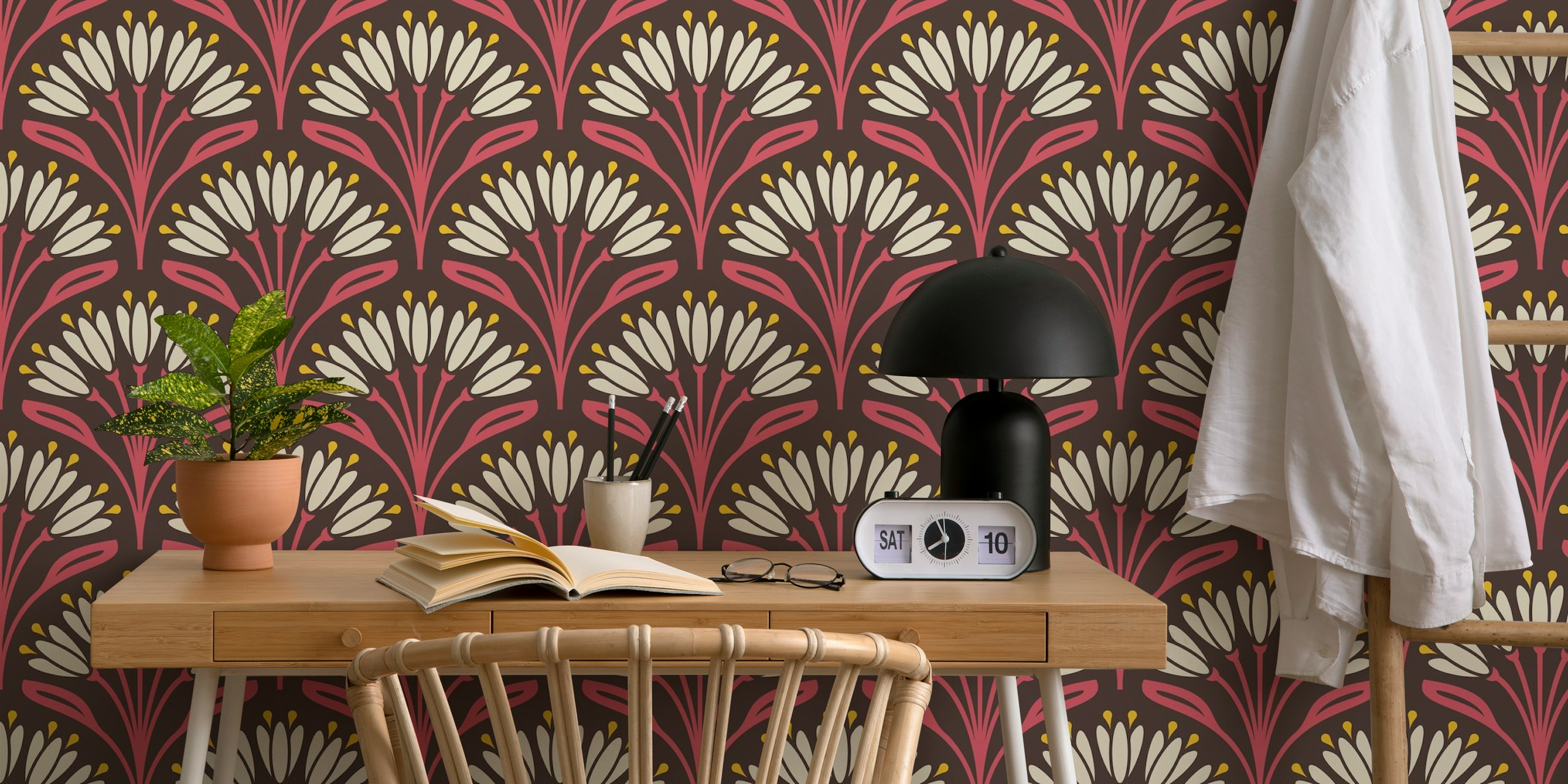 Art Nouveau floral wallpaper with magenta and creamy white flowers on a brown background