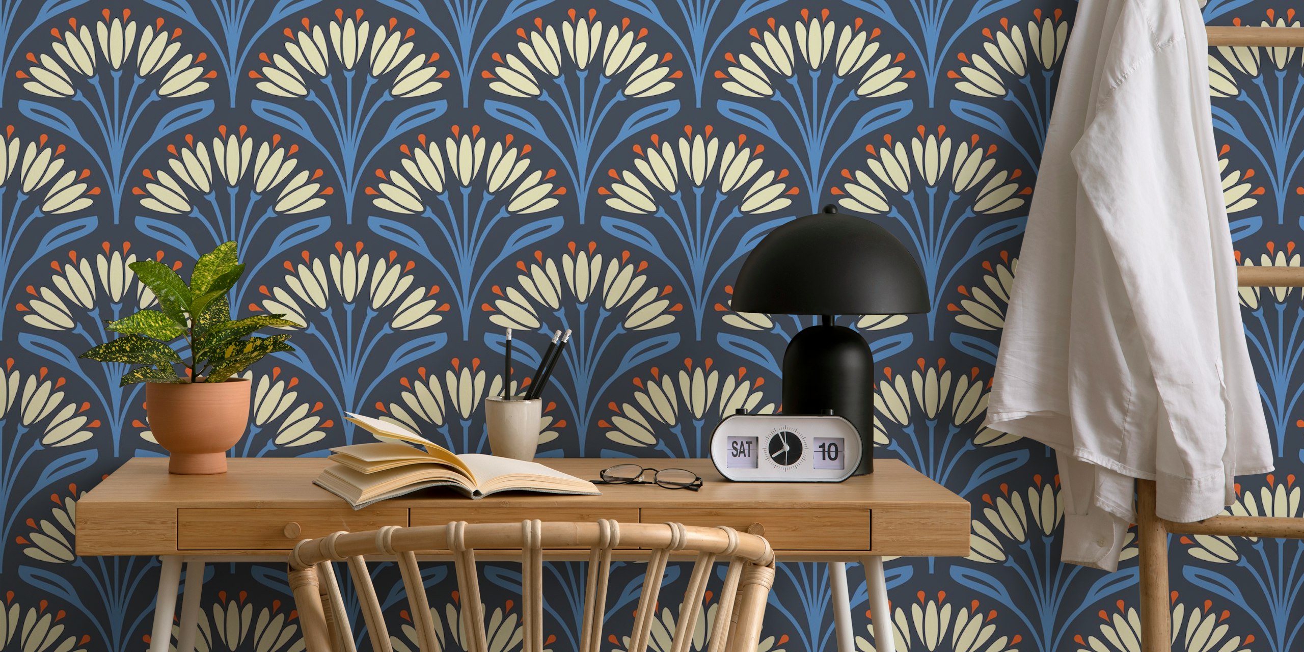 Navy background with cream and orange floral Art Nouveau wallpaper