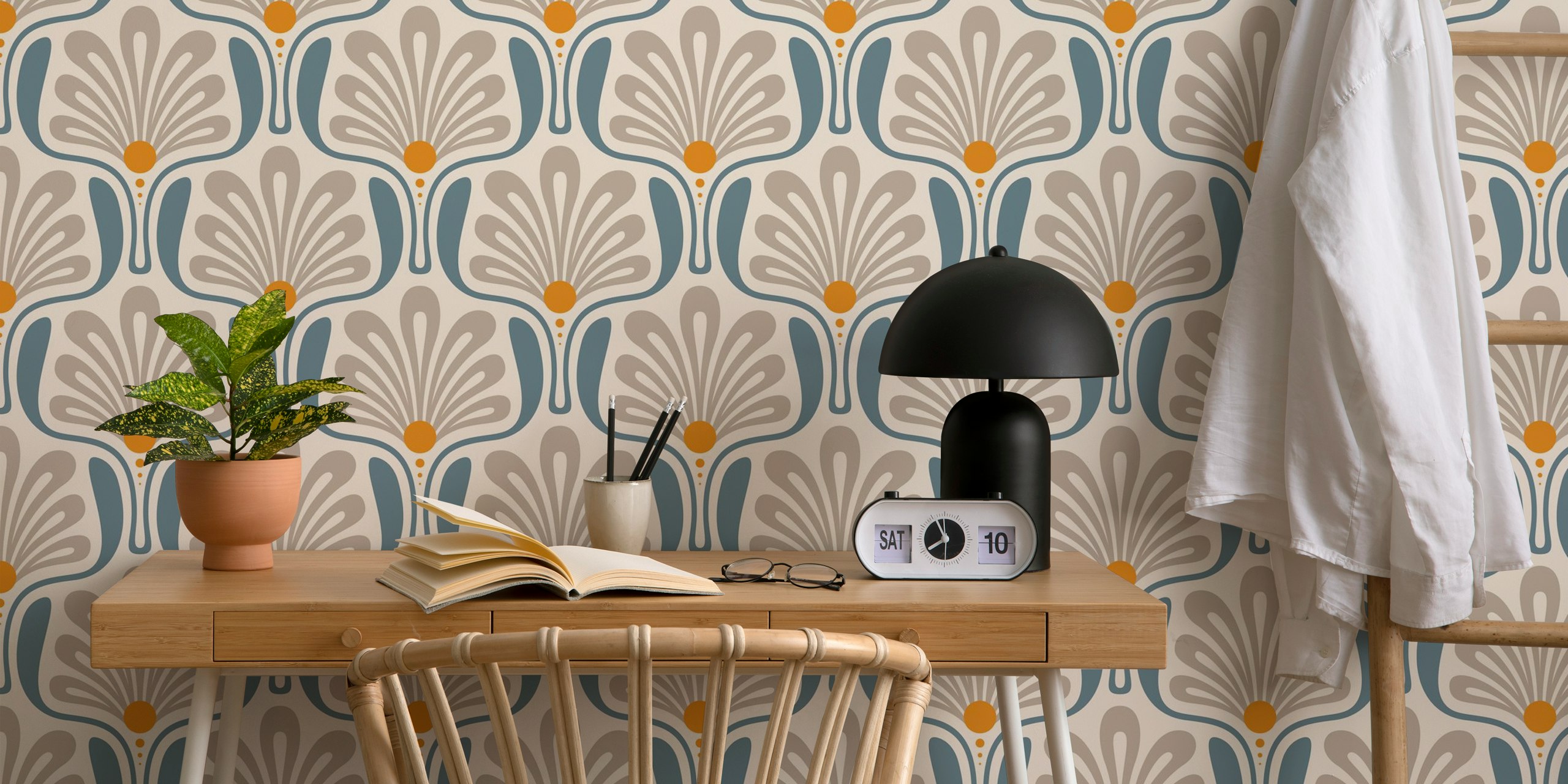 Art Deco floral pattern in beige and blue tones wallpaper