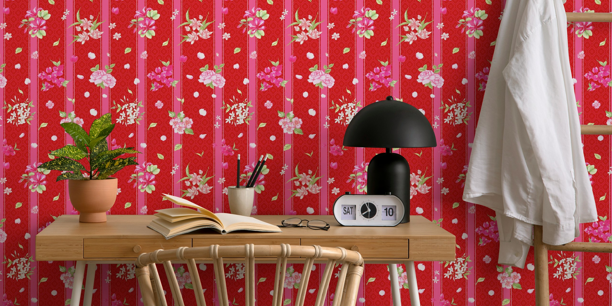 Pink floral pattern with stripes and polka dots wallpaper