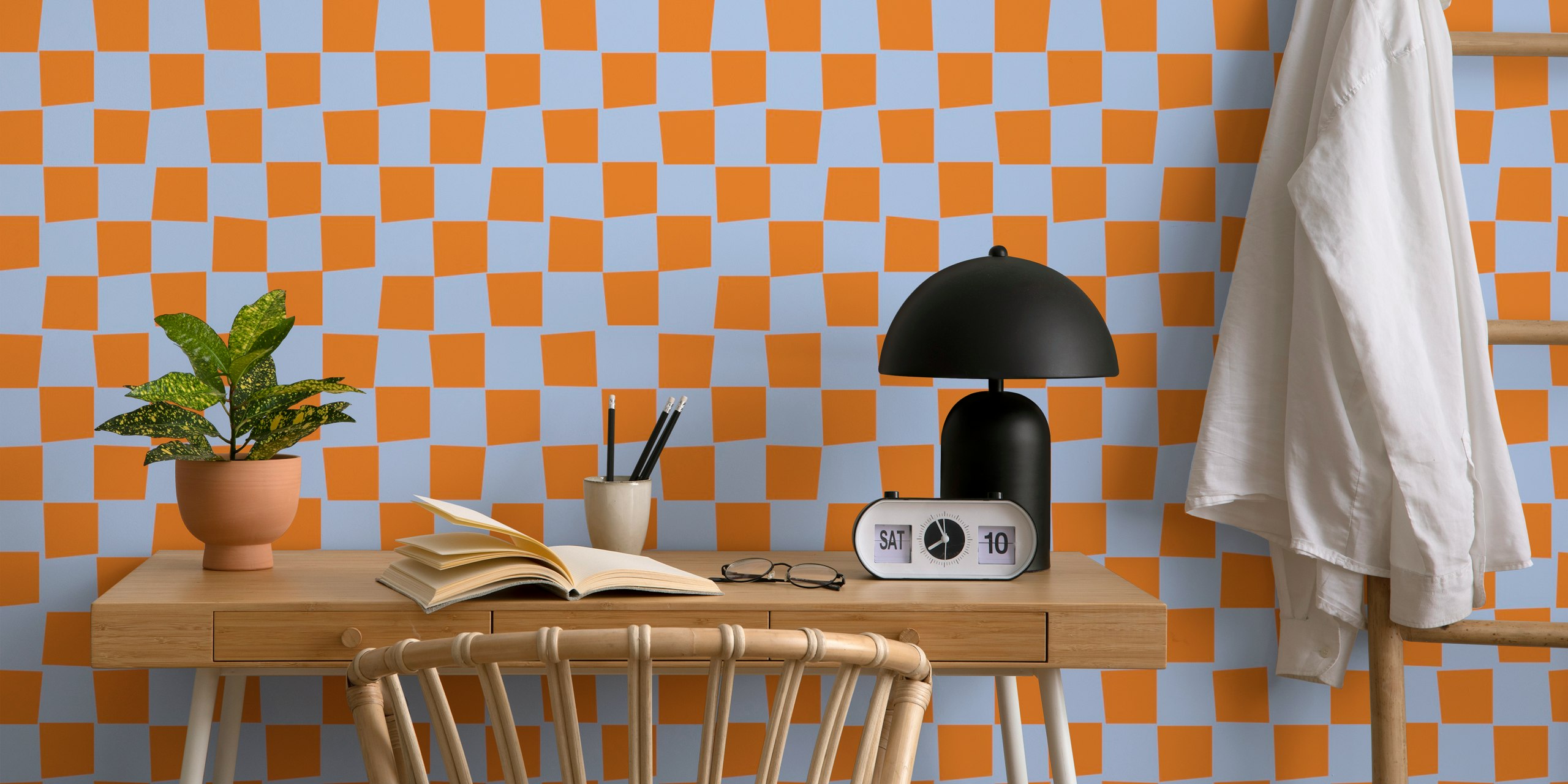 Checkerboard pattern in blue and orange wallpaper