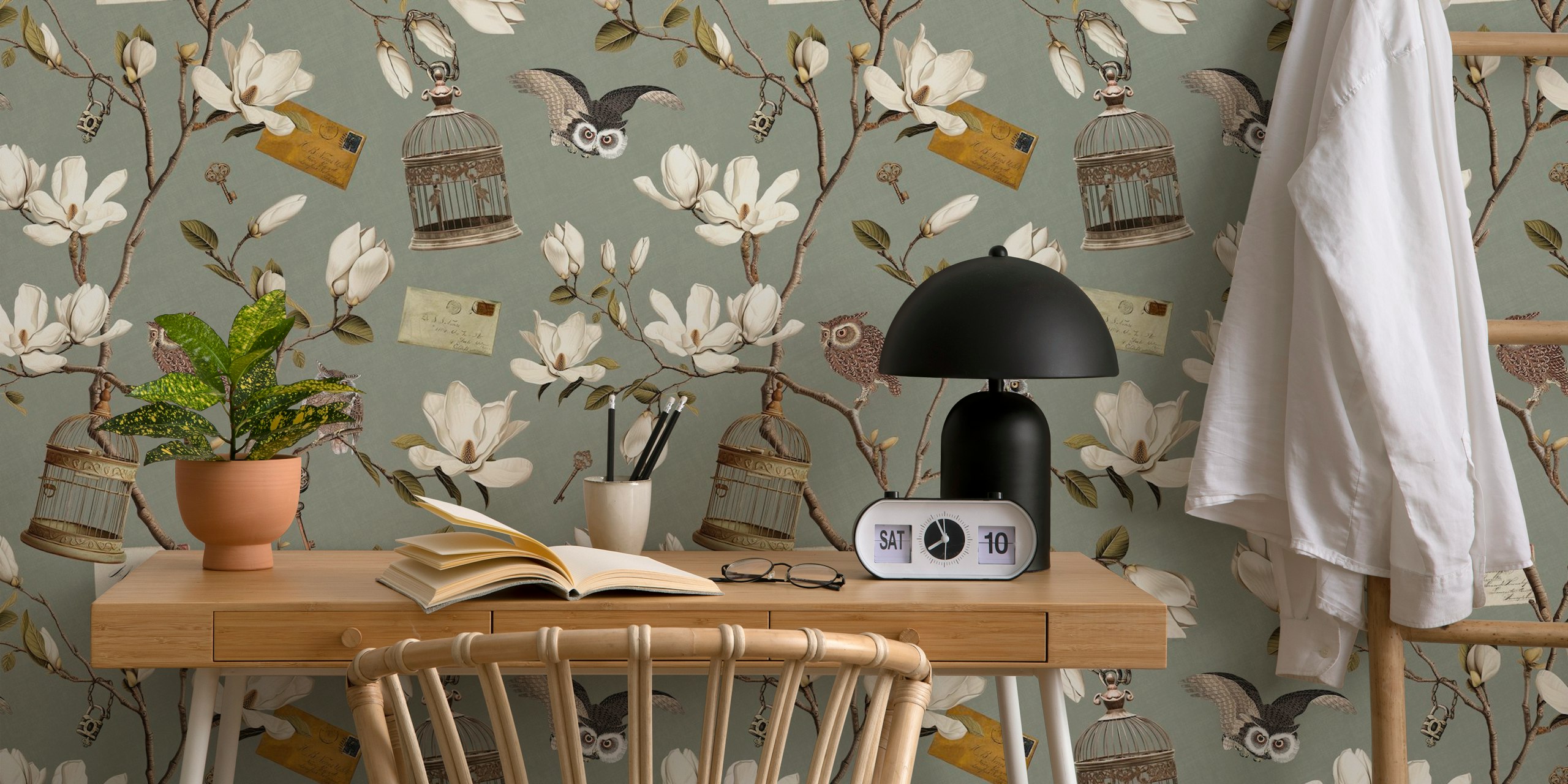Magnolia branches with owls and vintage elements in green wallpaper