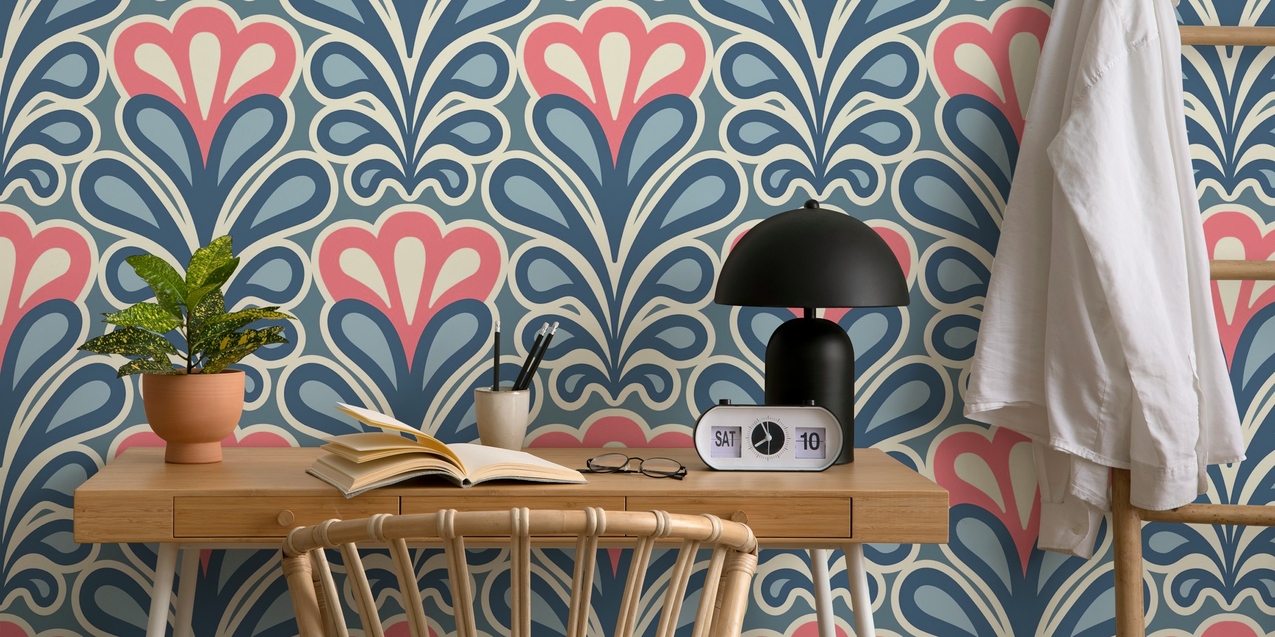 Vintage peony and lily blossoms wallpaper design