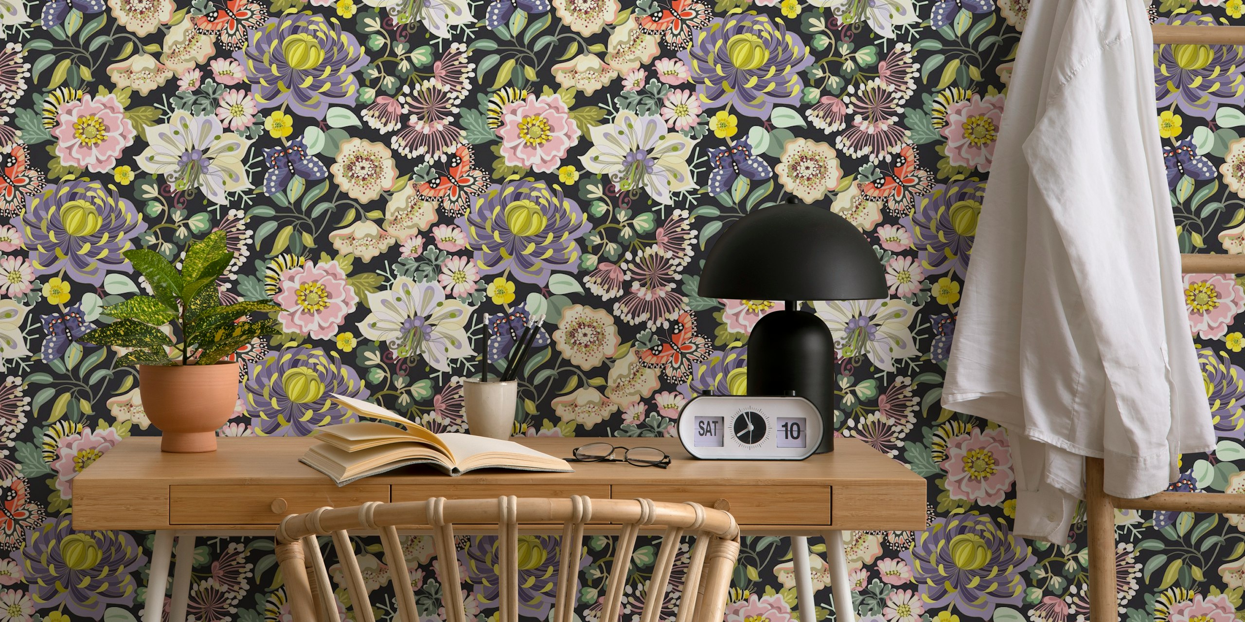 Dark florals small scale wallpaper in a room
