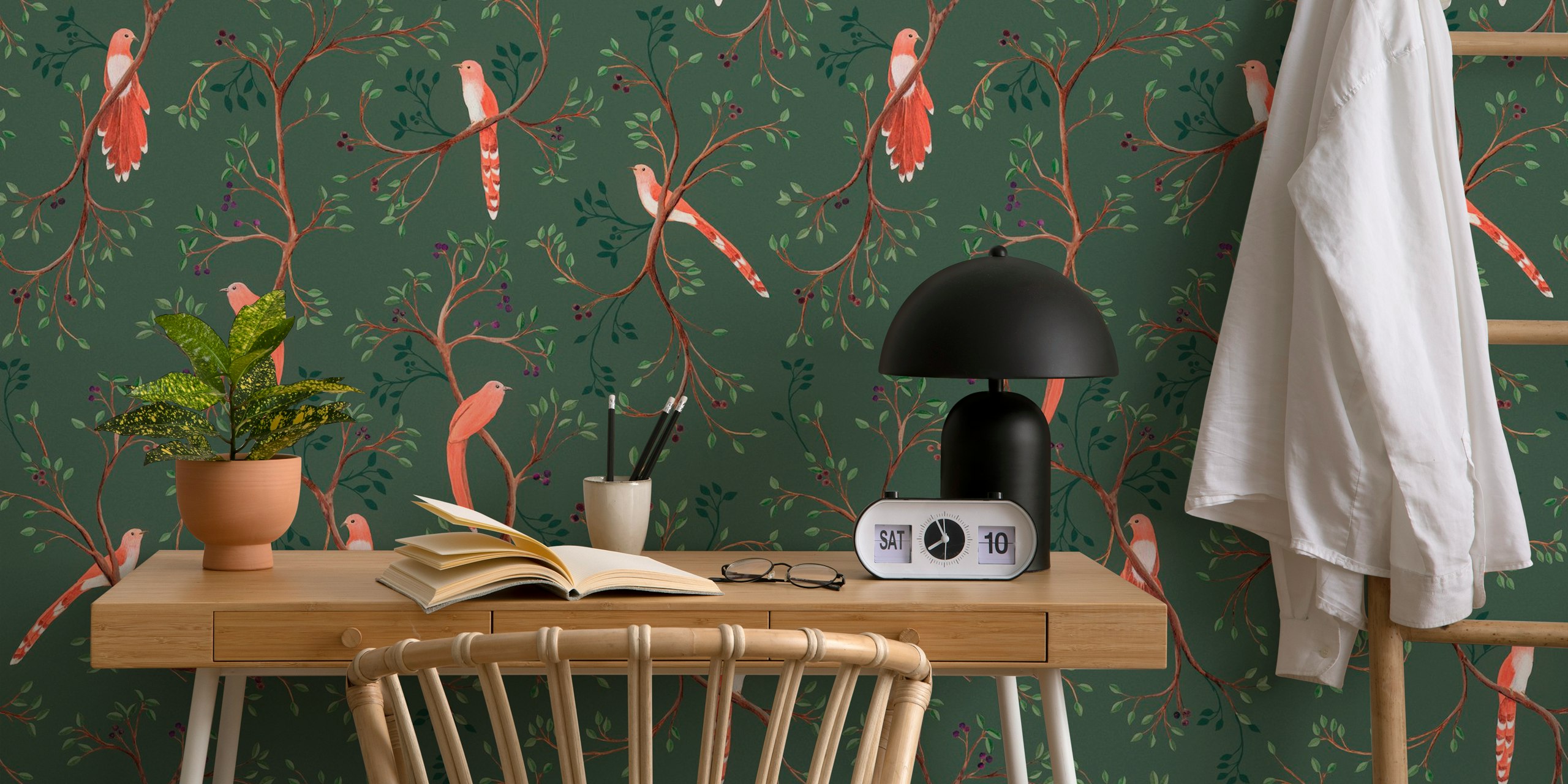 Delicate birds on branches with green background wallpaper
