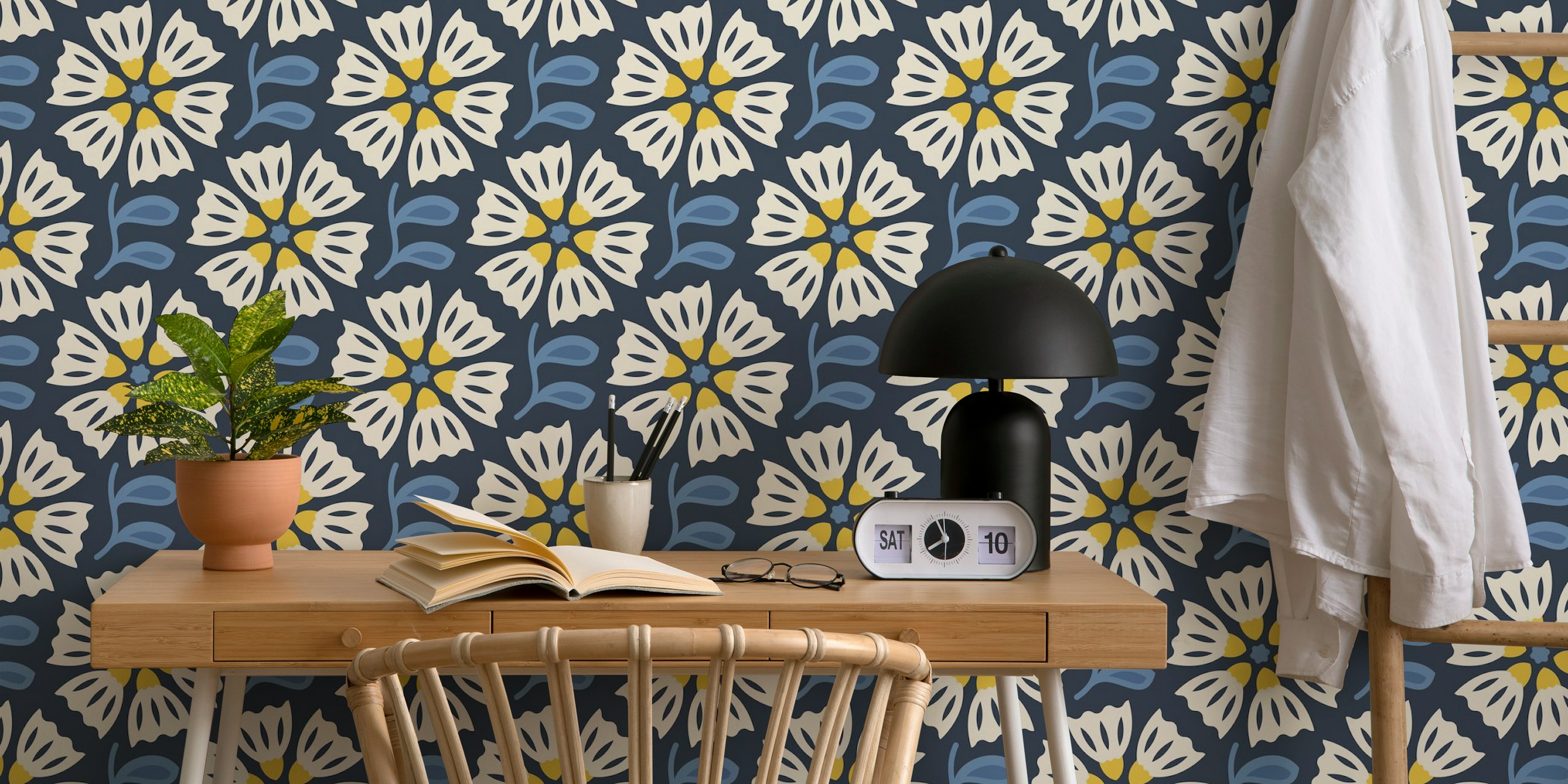 Retro floral pattern in blue, cream, and yellow wallpaper