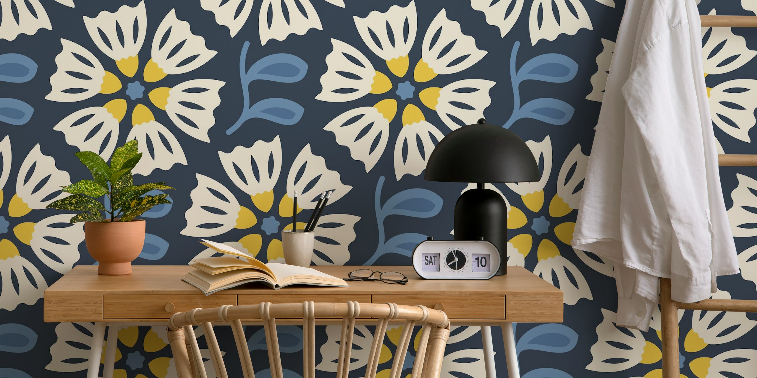 Floral wallpaper design in a room setting