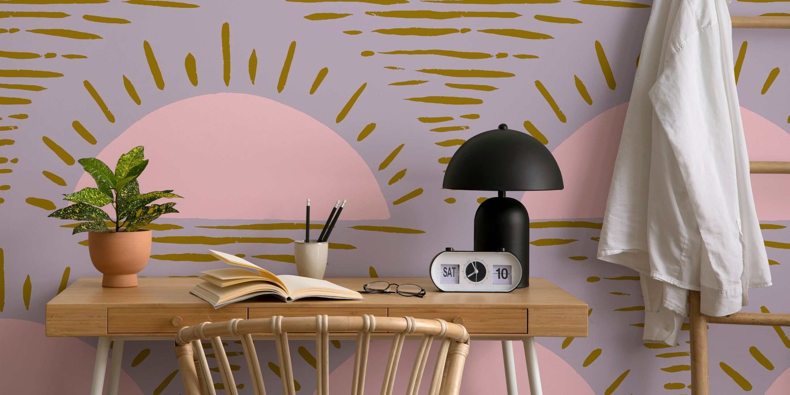 Hand-drawn rising sun design in purple and mustard wallpaper