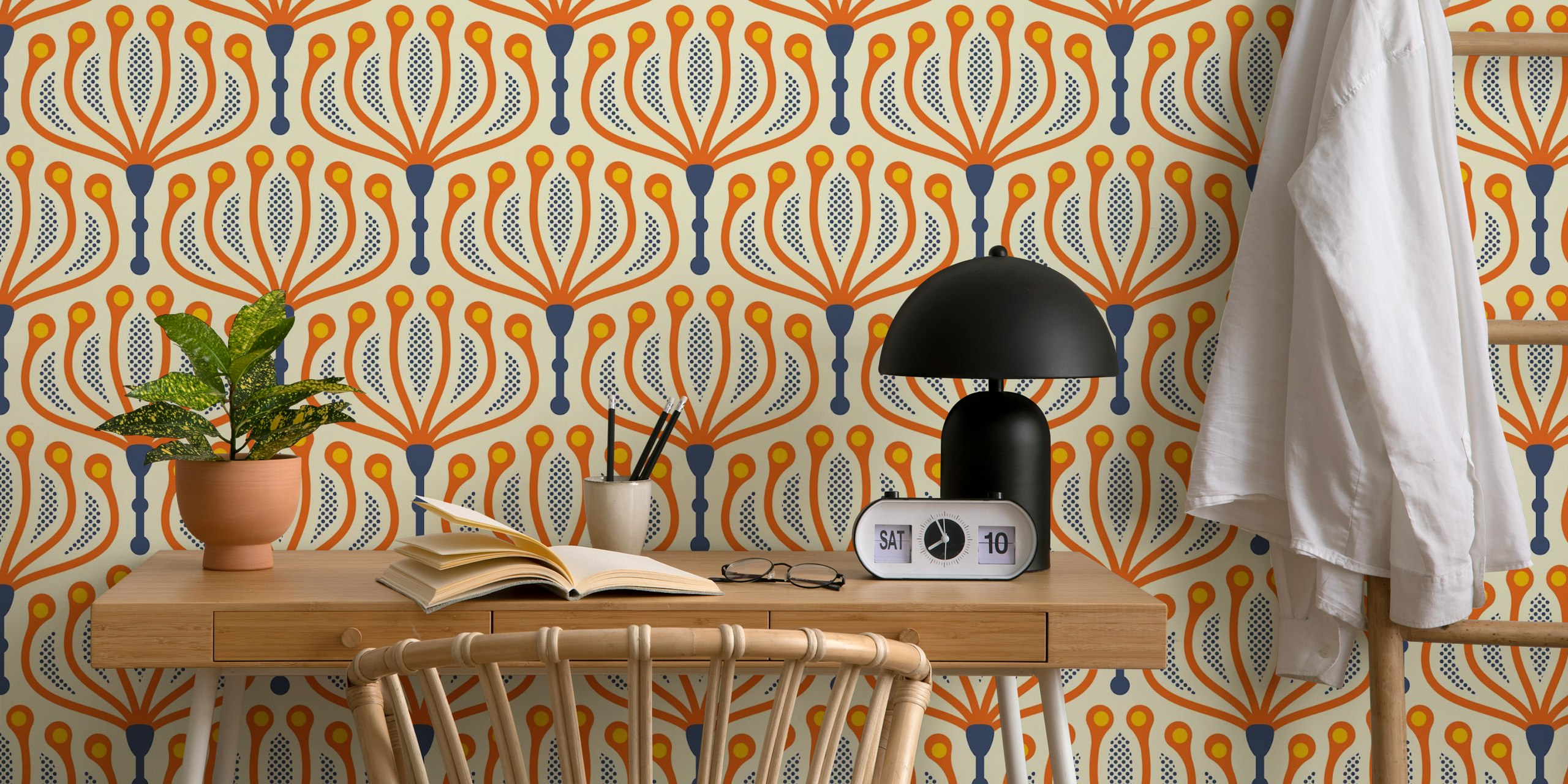 Floral geometric pattern in red, blue, and orange wallpaper