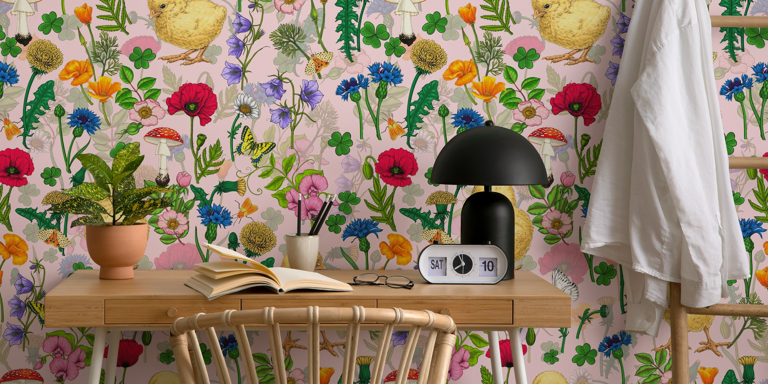 Chickens and wildflowers on pink background wallpaper