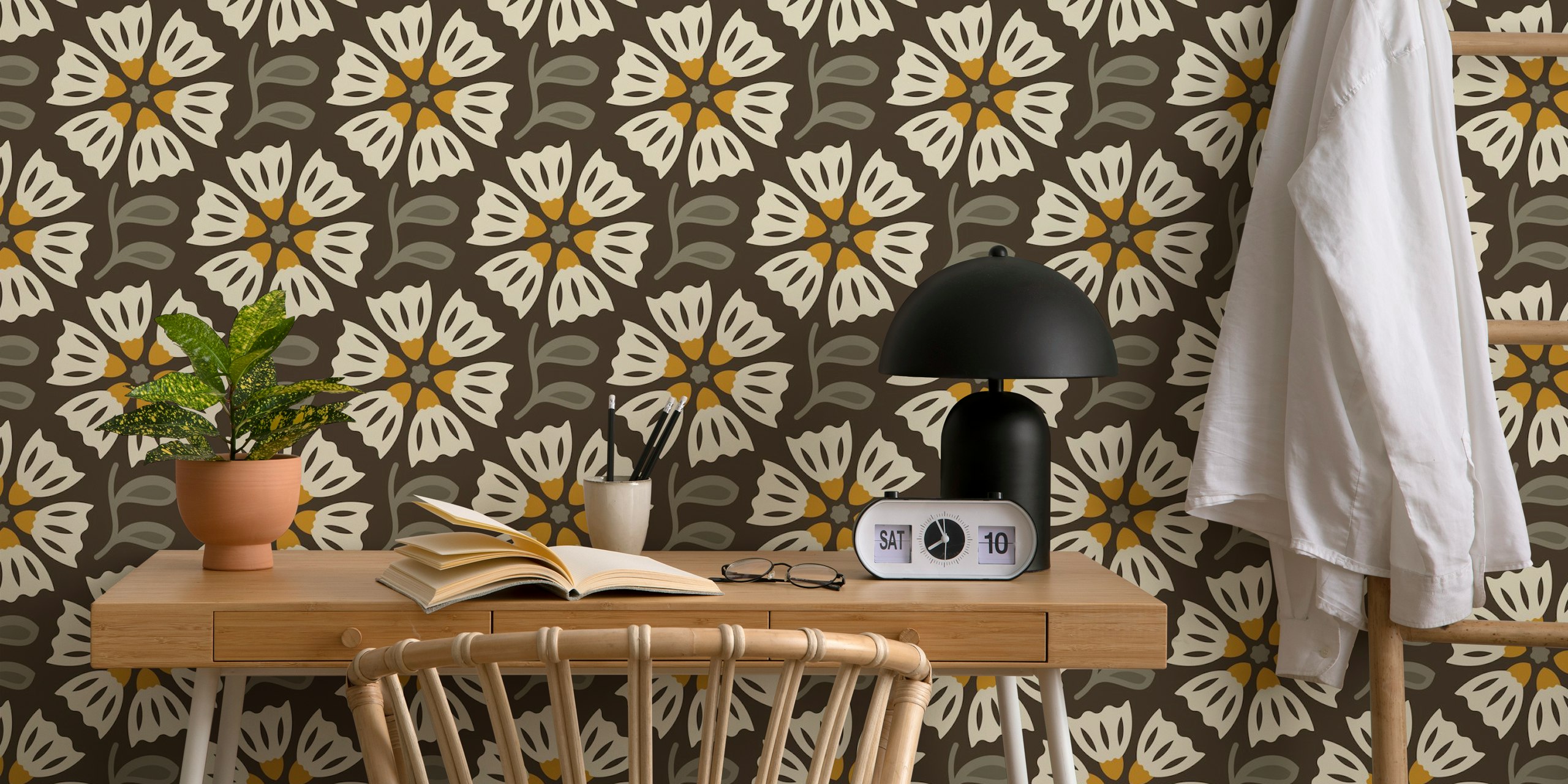 Brown and yellow floral pattern wallpaper featuring retro design details.