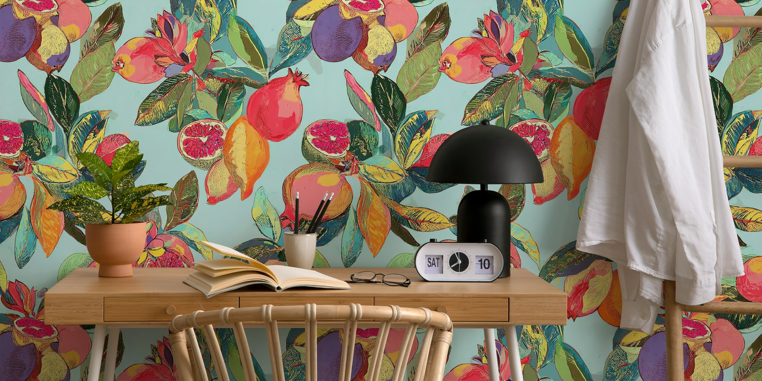 Citrus fruits and leaves pattern in vibrant colors wallpaper