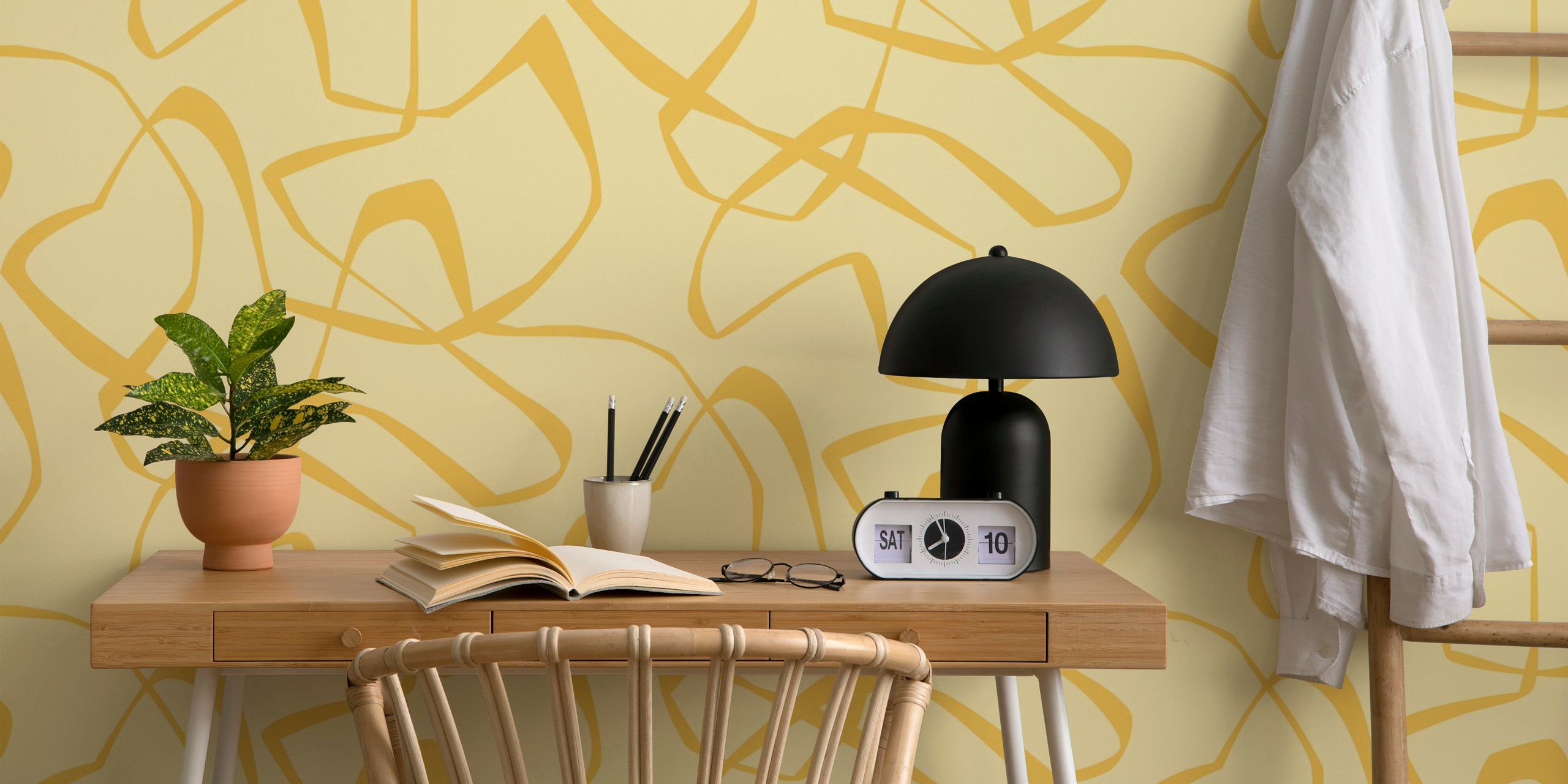 Japandi imperfect lines wallpaper in butter yellow