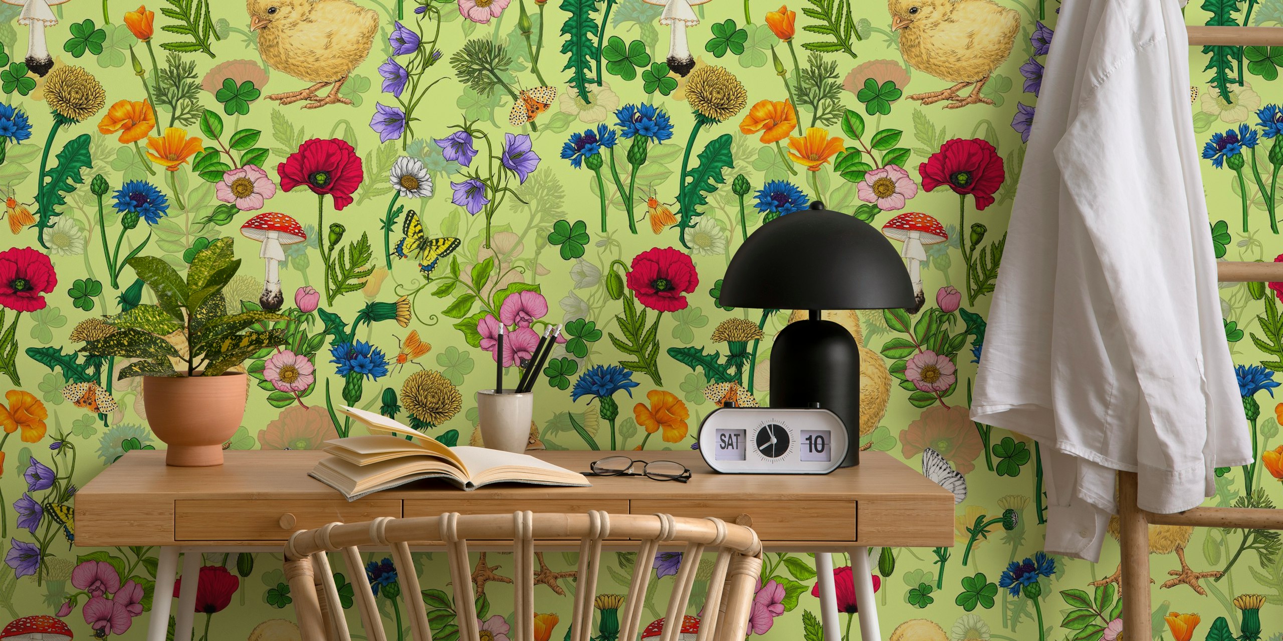 Chickens and colorful wildflowers on green background wallpaper