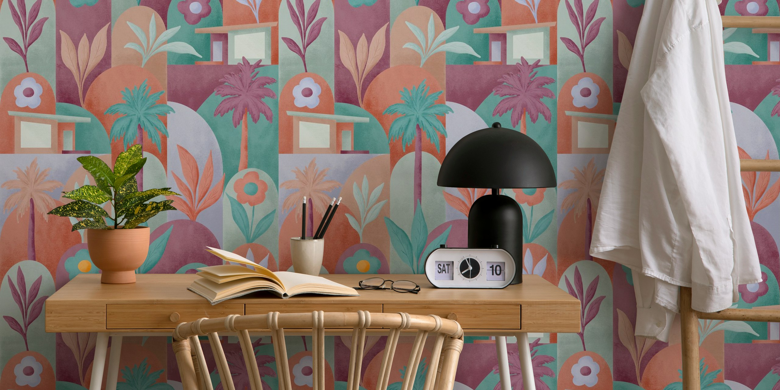 Tropical foliage and palm trees in earthy tones wallpaper