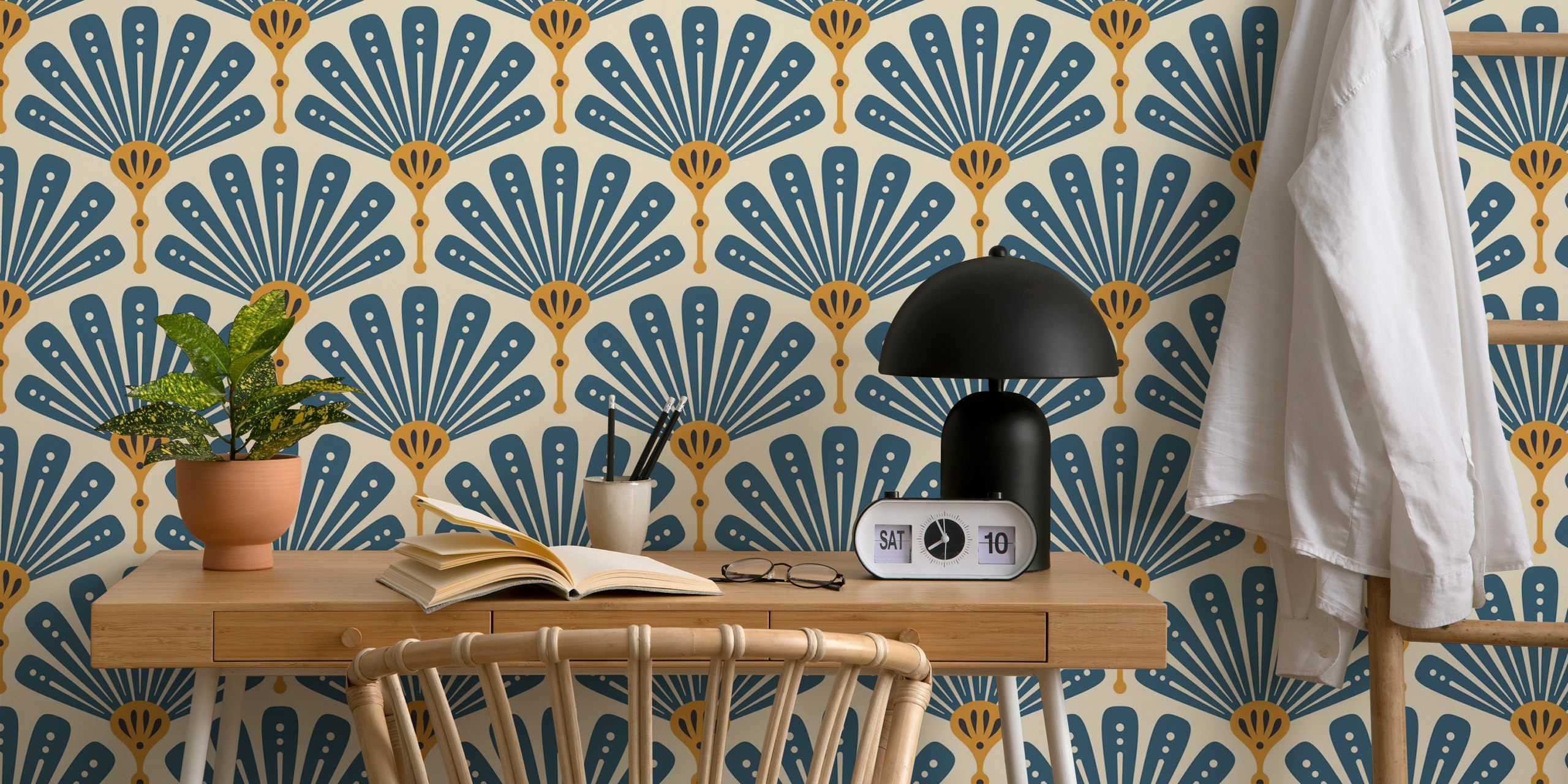 Scallop fan pattern in blue and yellow on light background wallpaper