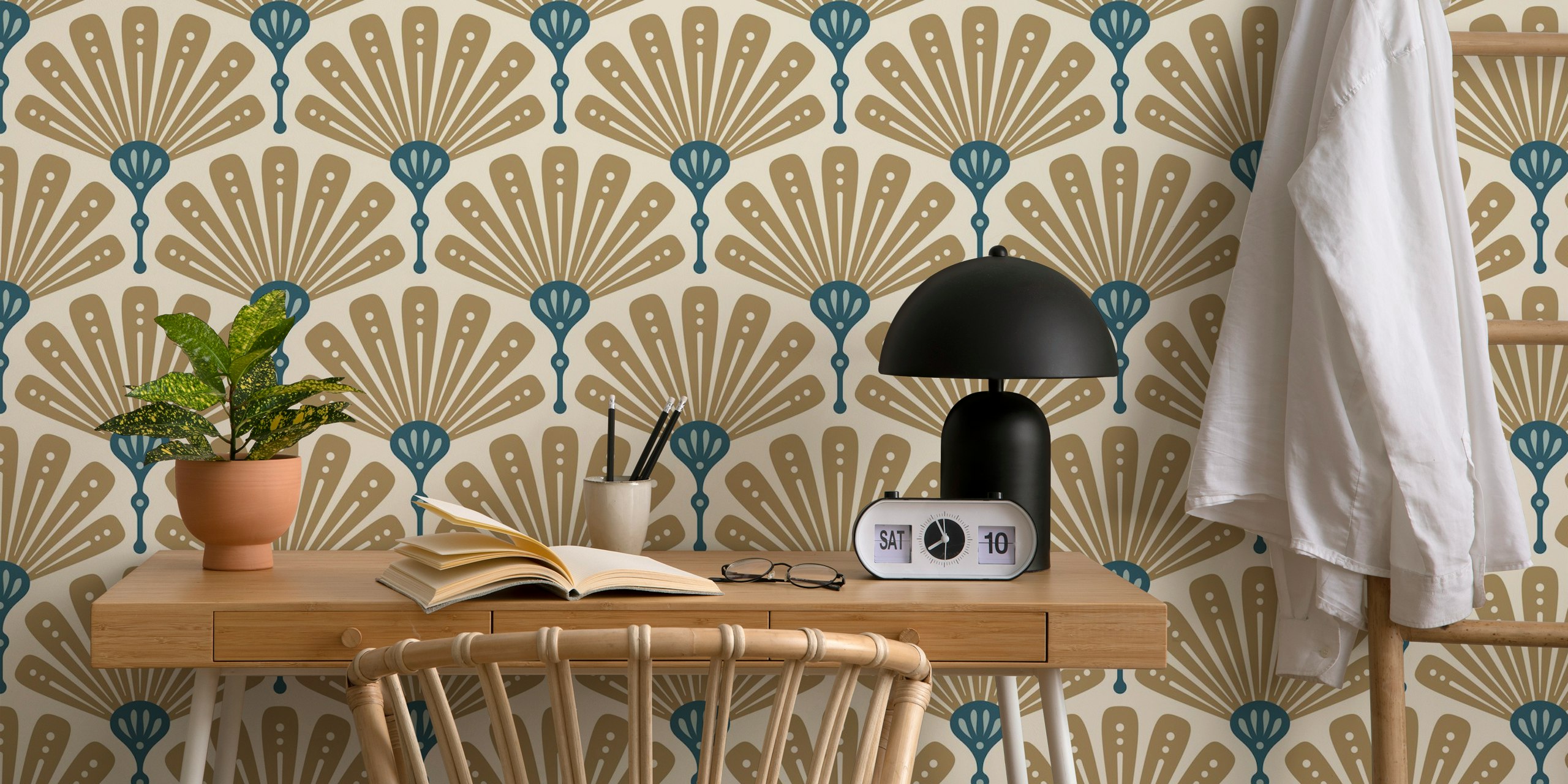 Art Deco Scallop Motif in Gold Teal tapet
