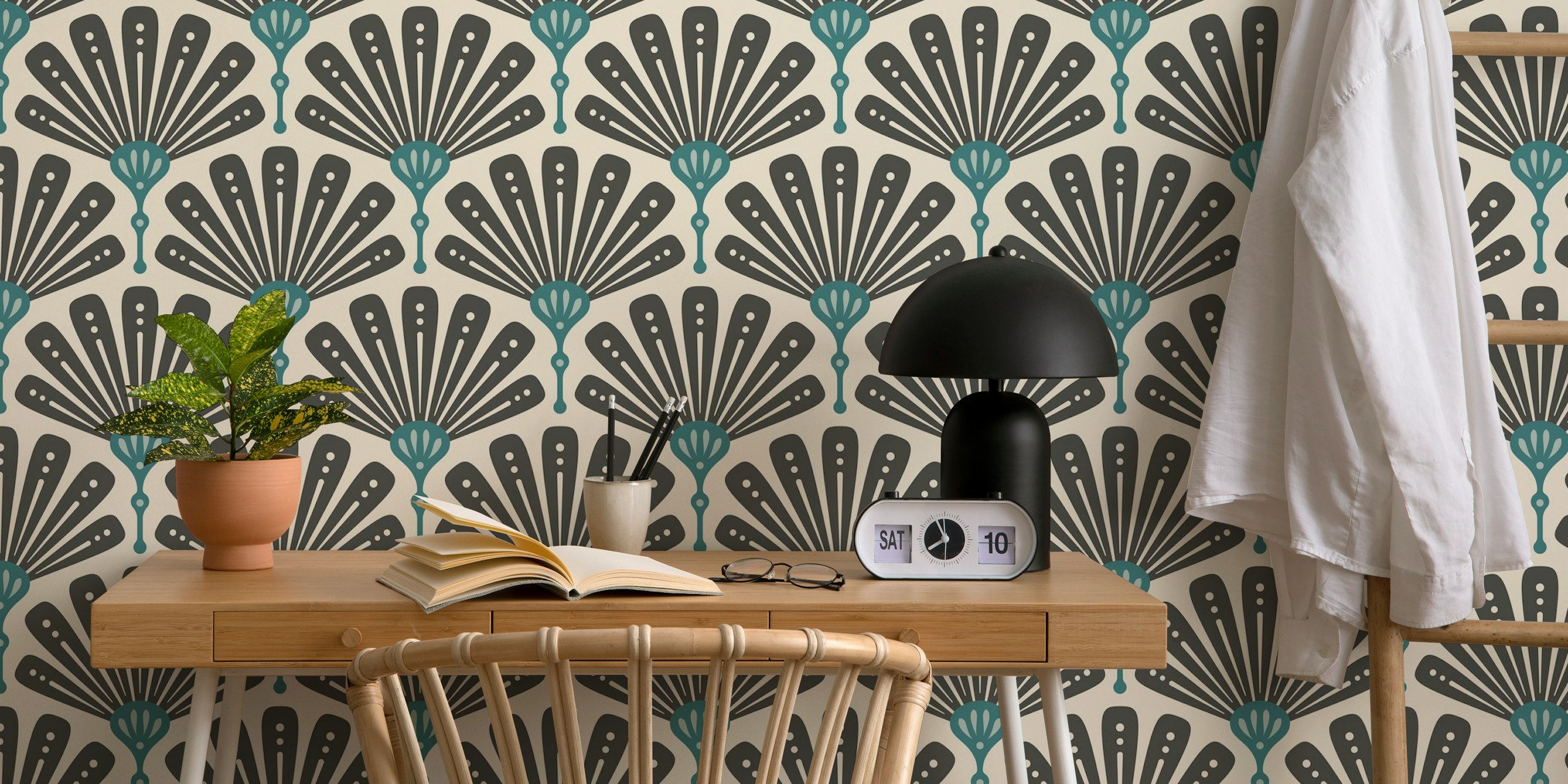 Art Deco scallop motif wallpaper in a room