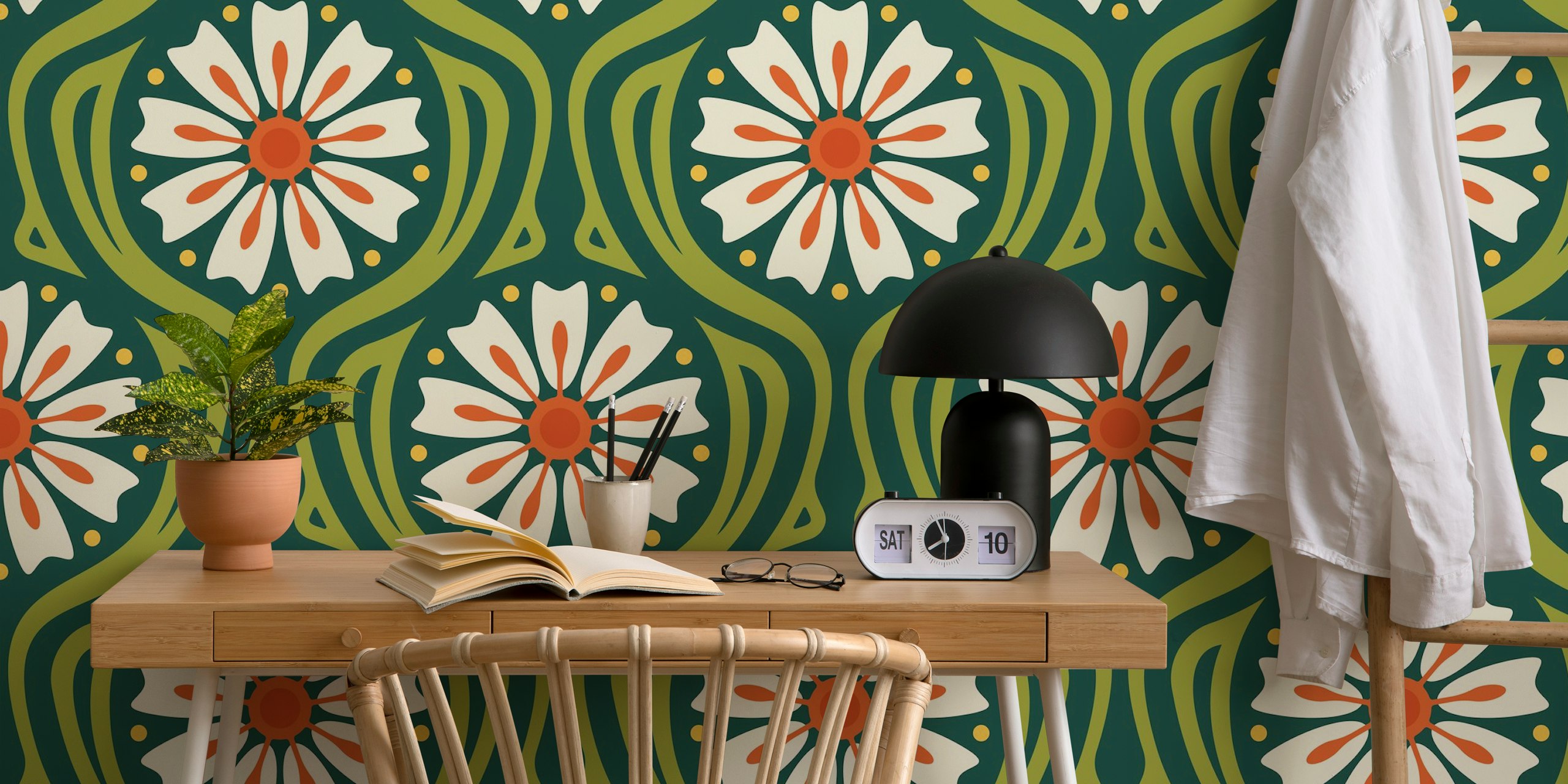 Design de papel de parede Colorful Floral Fiesta em um quarto