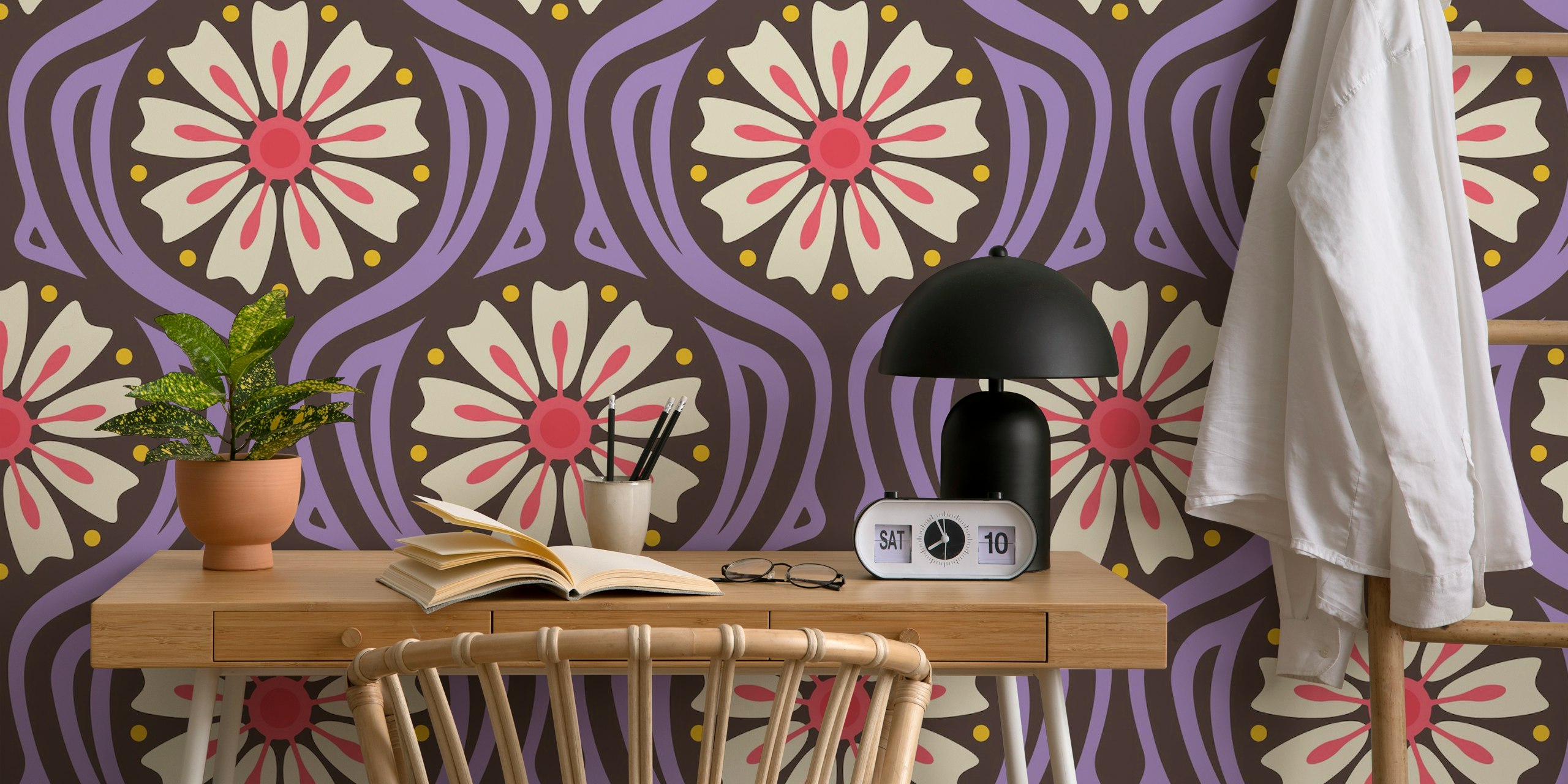 Colorful floral wallpaper in a room setting