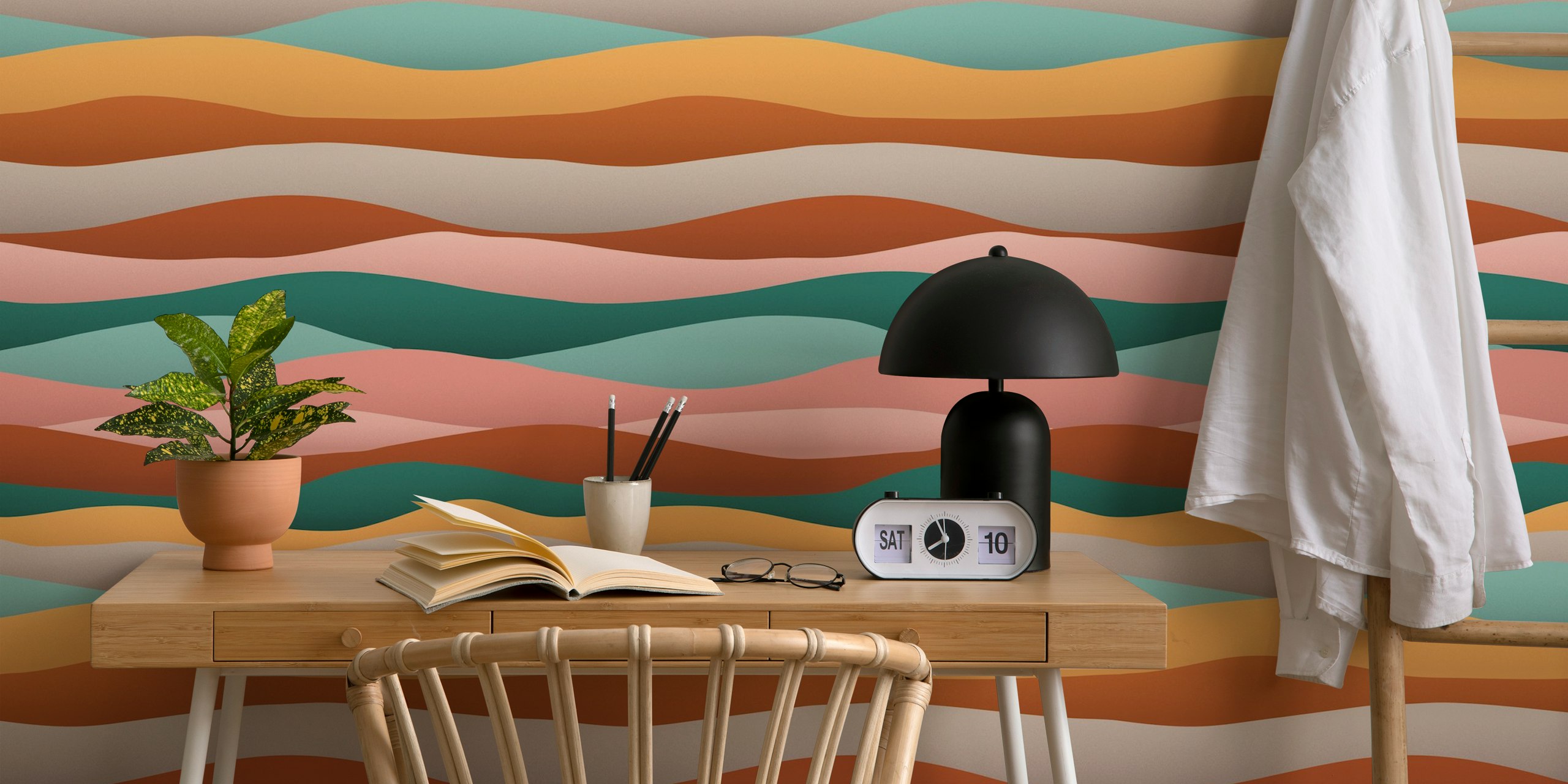 Abstract waves in peach, green, beige, and tan colors wallpaper