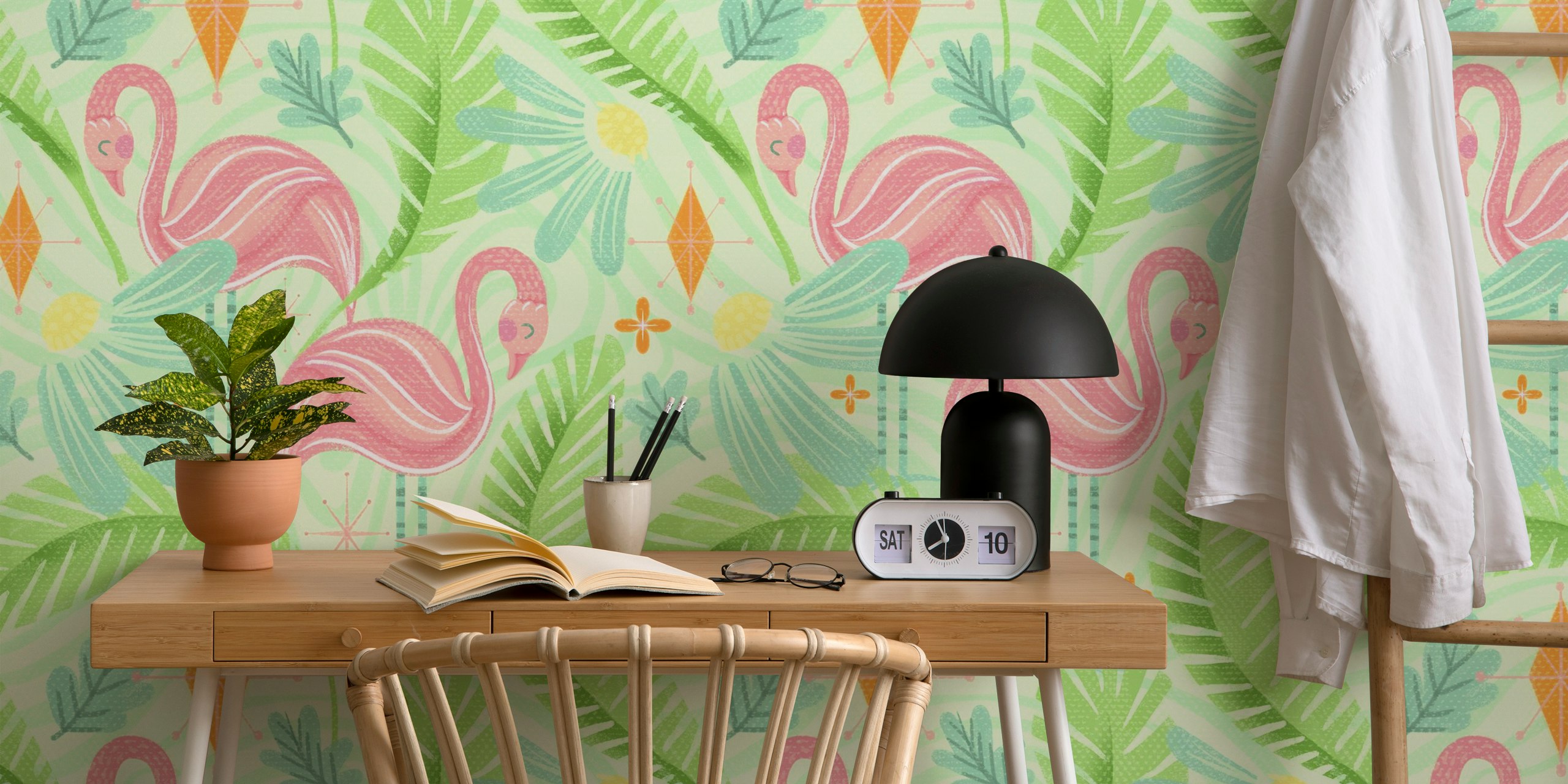 Carta da parati Palm Springs Flamingos in una stanza