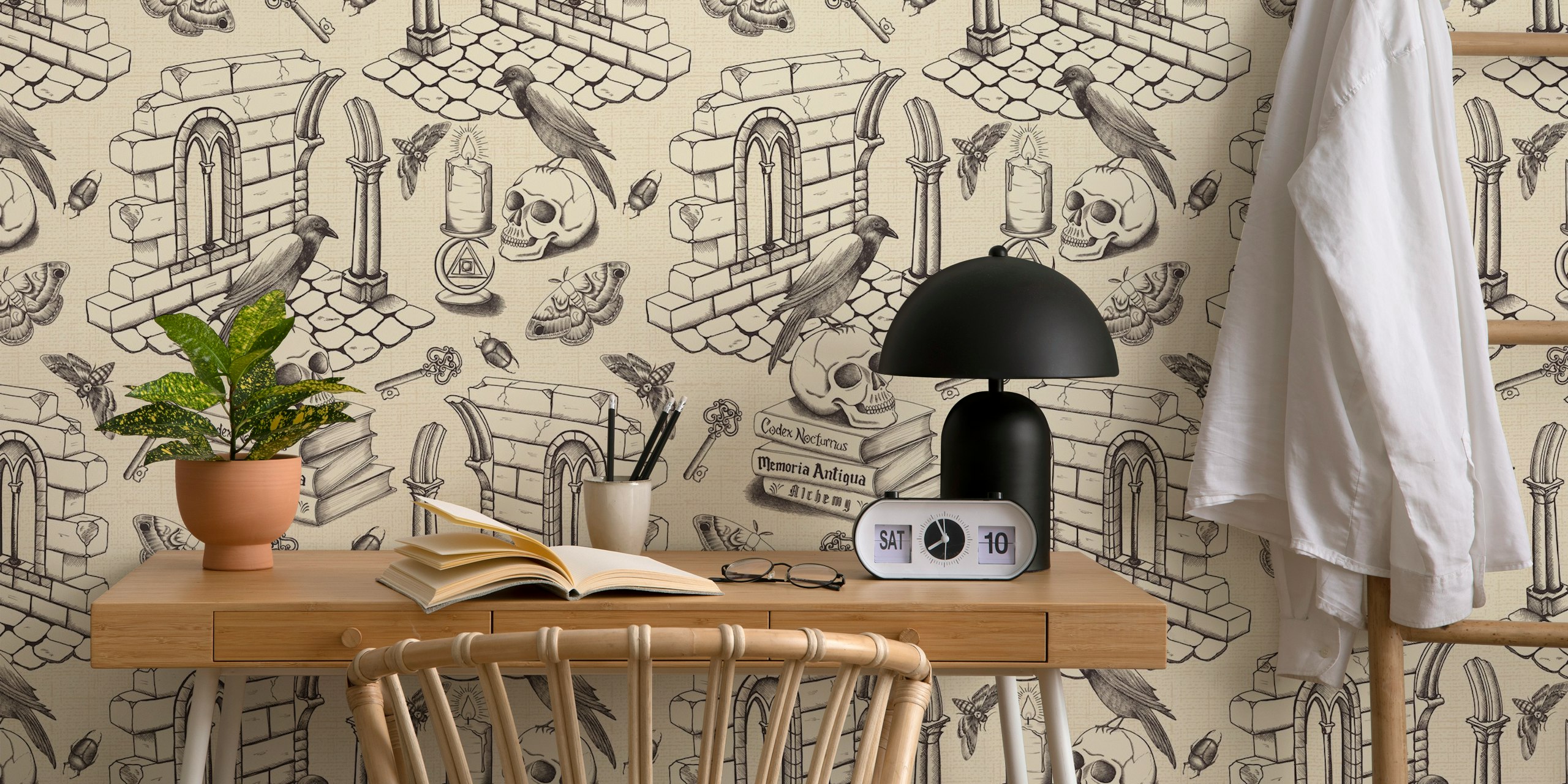 Dark Academia Toile de Jouy tapetti huoneessa