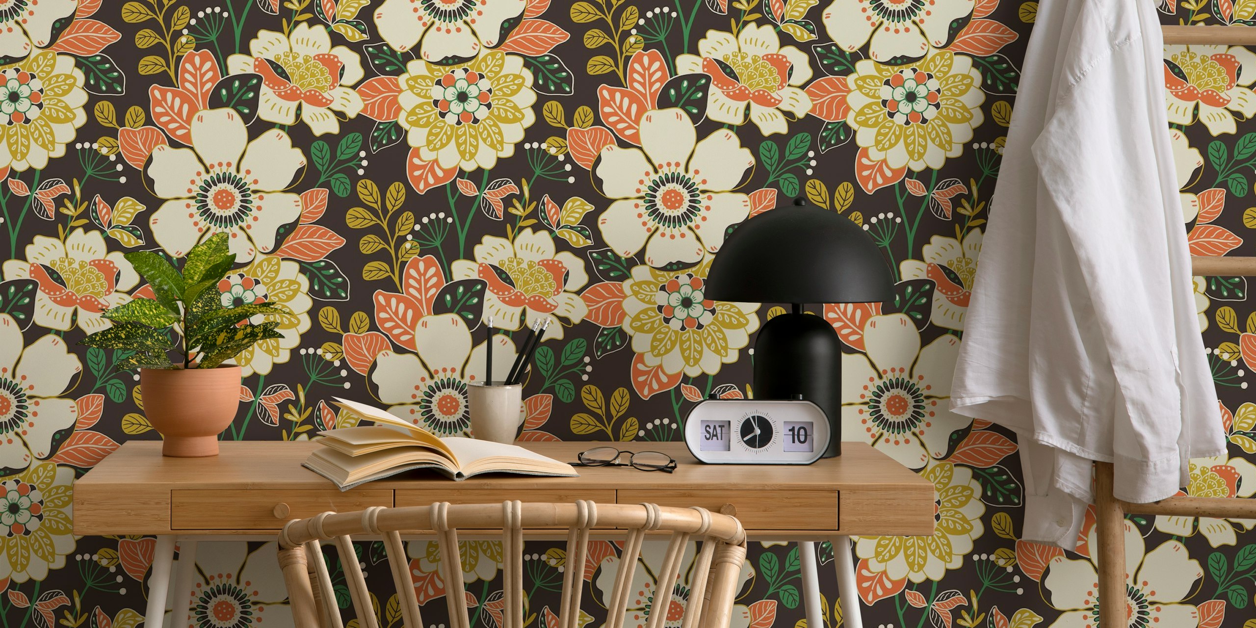 Floral pattern with bright flowers and leaves on dark background wallpaper