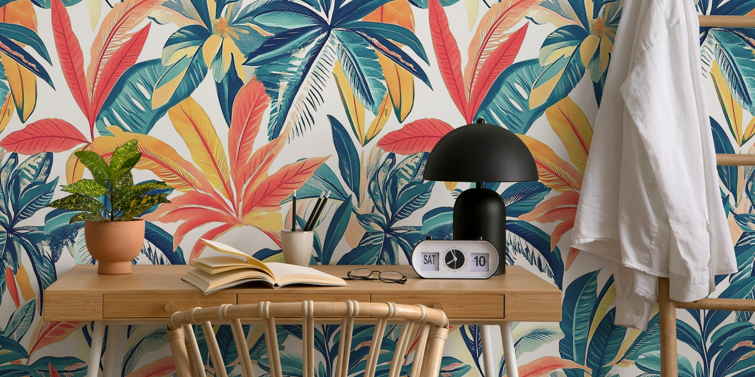 Colorful tropical leaves in red, green, and yellow wallpaper