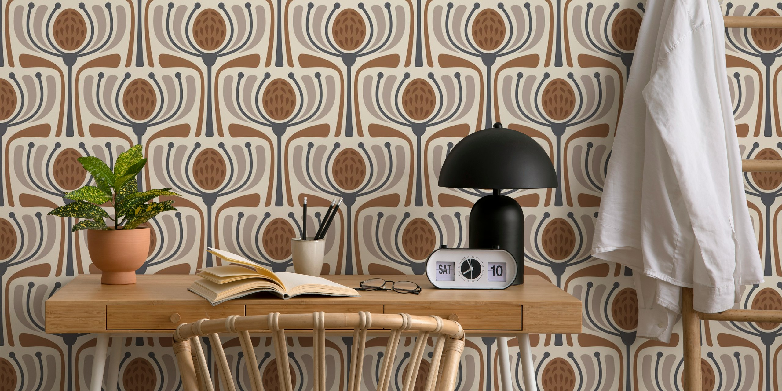 Mid-Century Modern Bloom in Brown wallpaper in a room