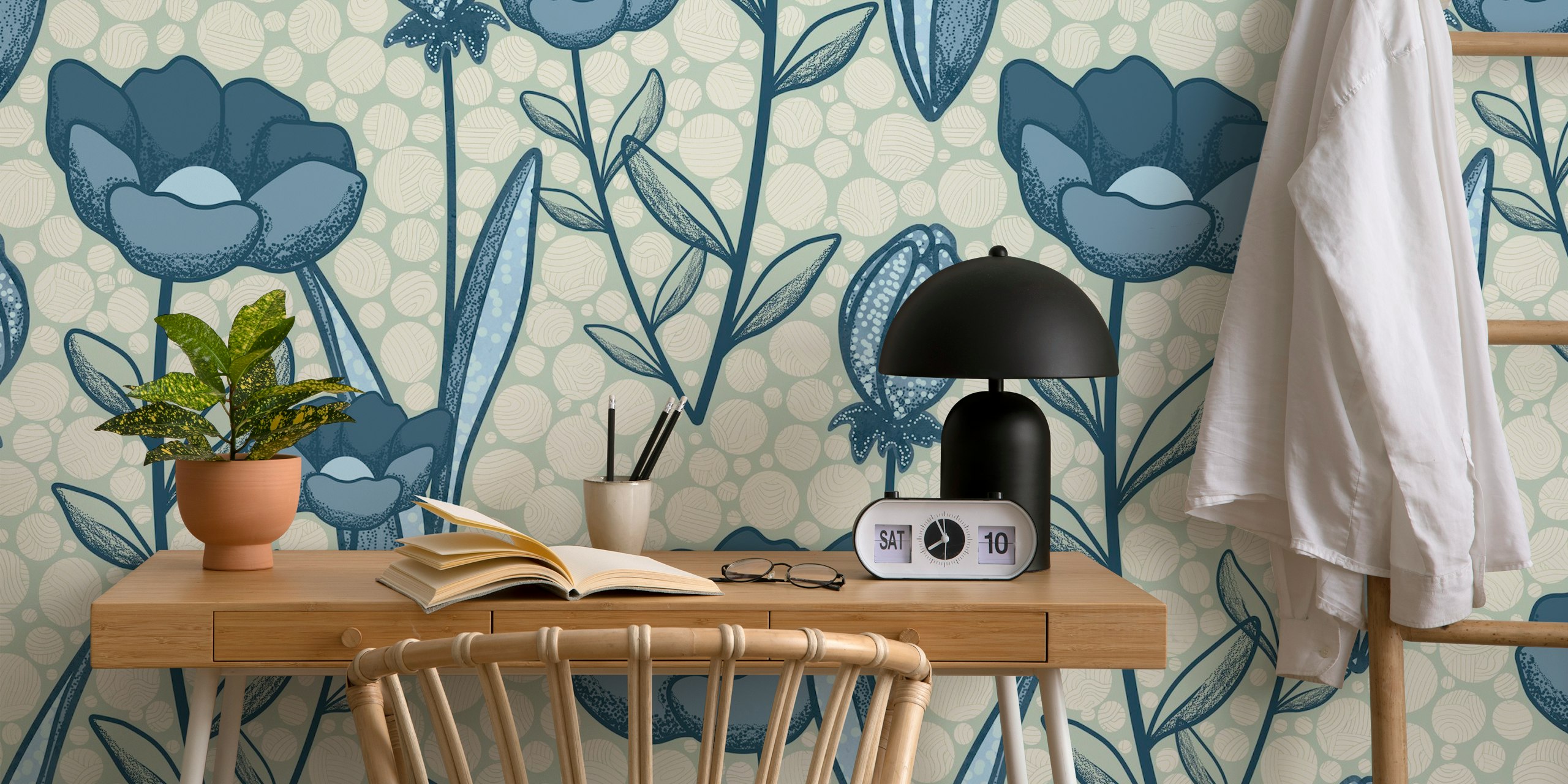 Modern Retro Flowers Blue & Pearl wallpaper in a room