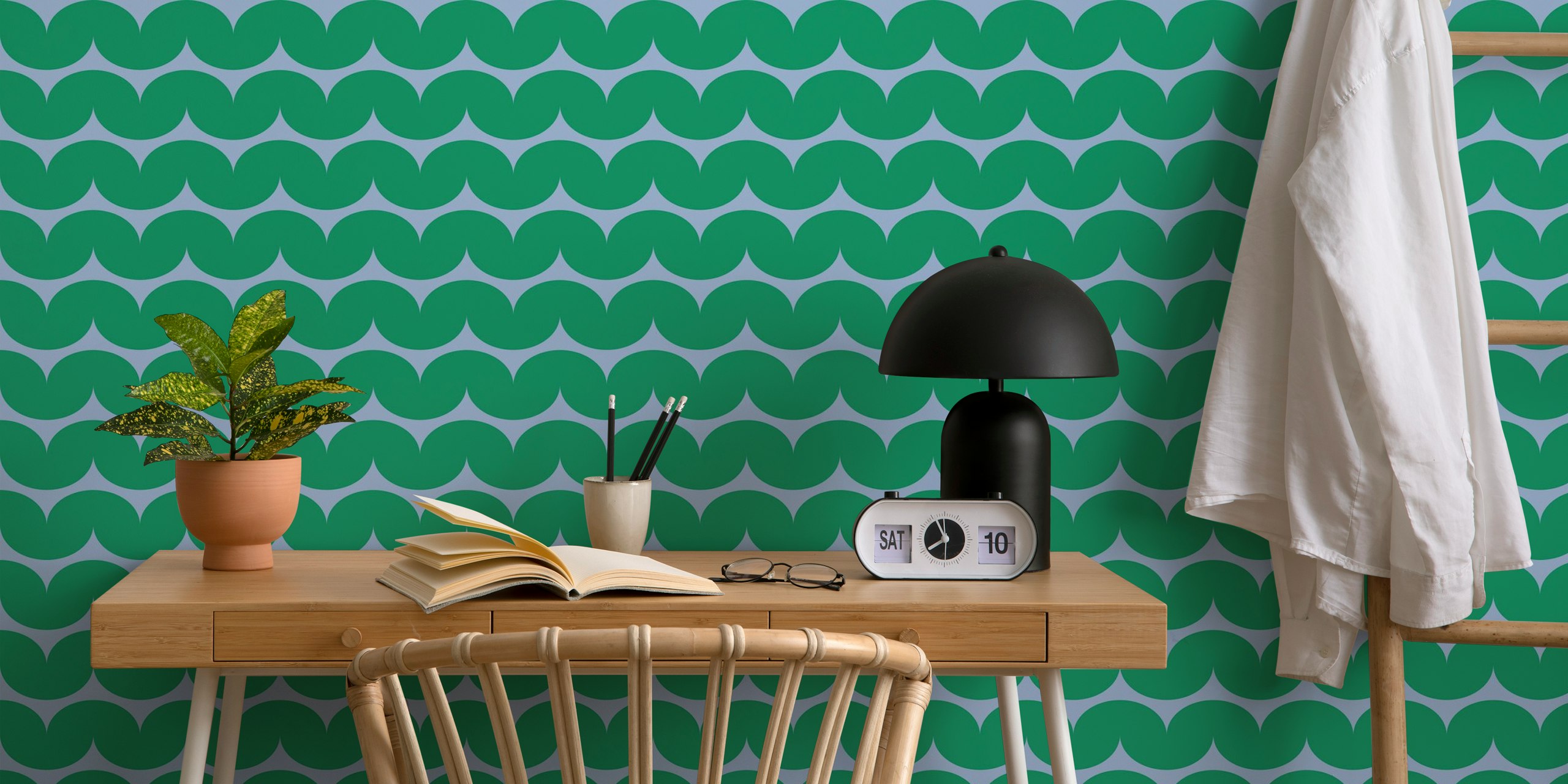 Grøn scallop wave midcentury pattern tapet