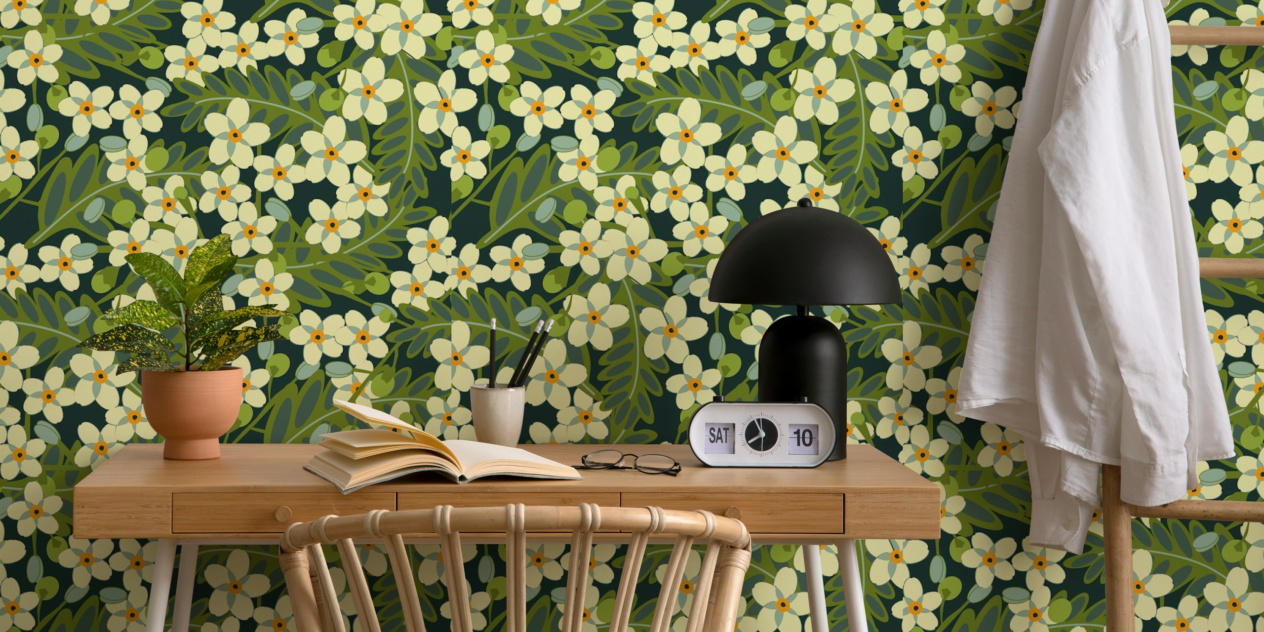 Cream wildflower wallpaper design in a room