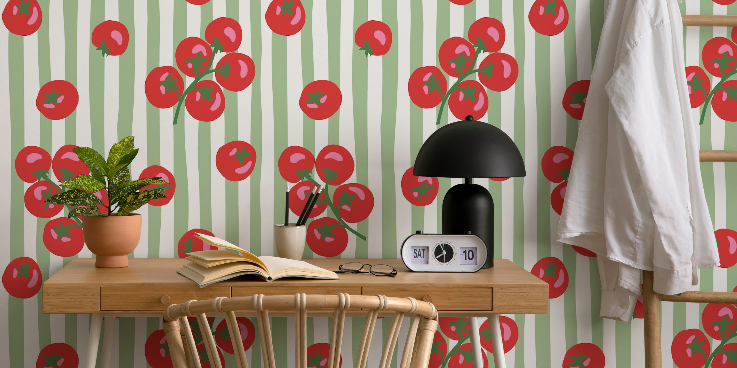 Red tomatoes on green and white stripes wallpaper