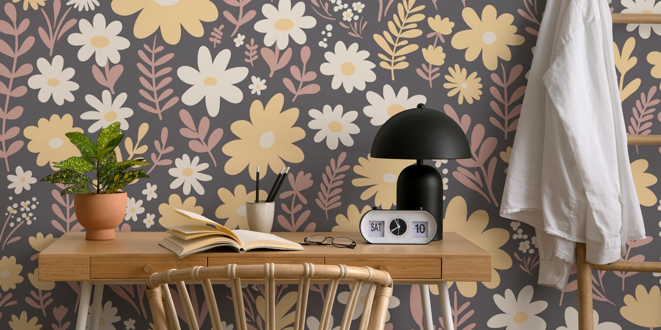 Floral pattern in pastel colors on a grey background wallpaper