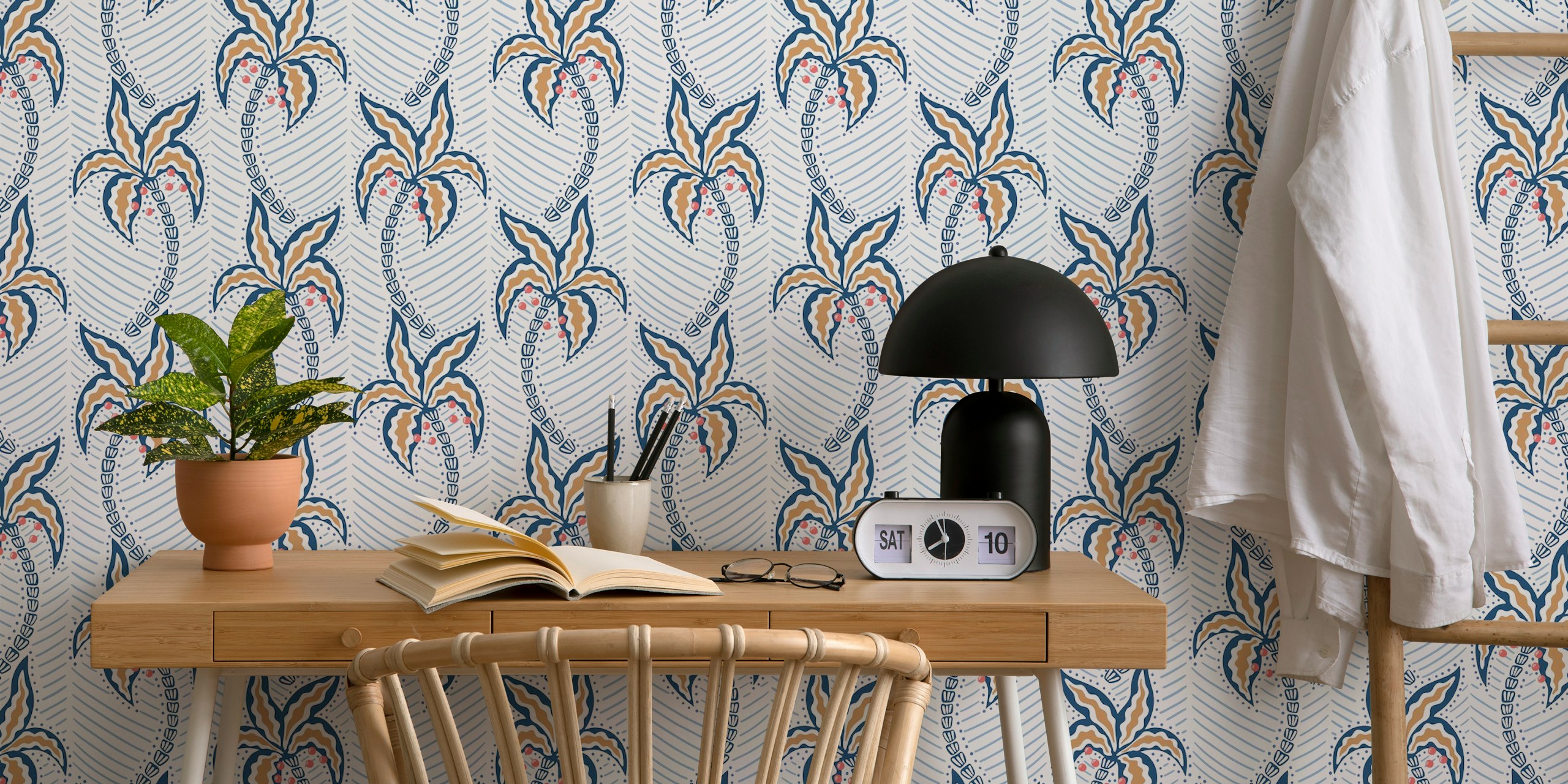 Tropical palm leaves with blue and beige designs wallpaper