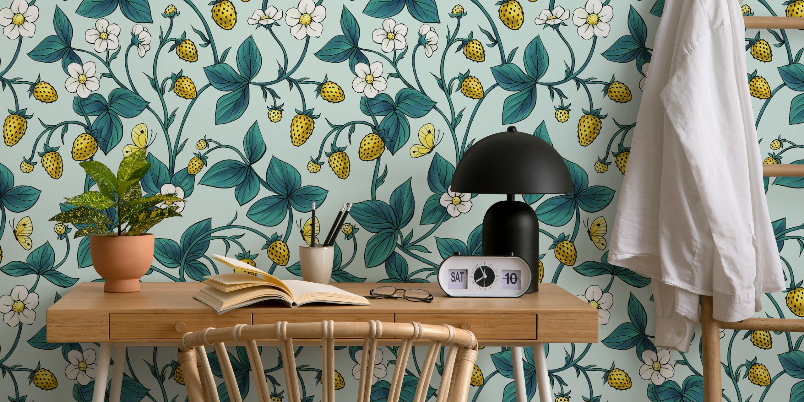 Wild roses and butterflies wallpaper in a room