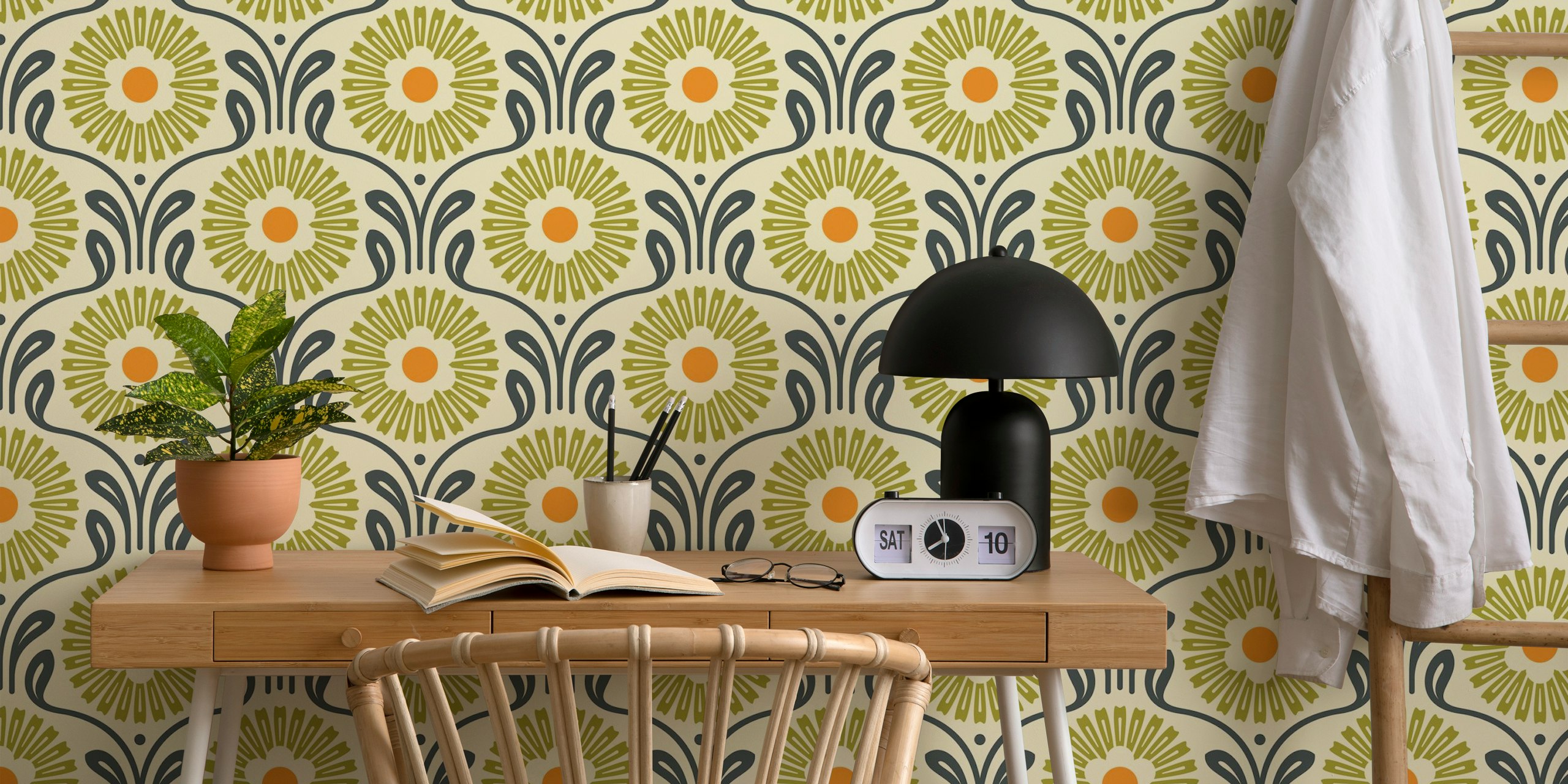 Retro Ornate Daisy wallpaper σε ένα δωμάτιο