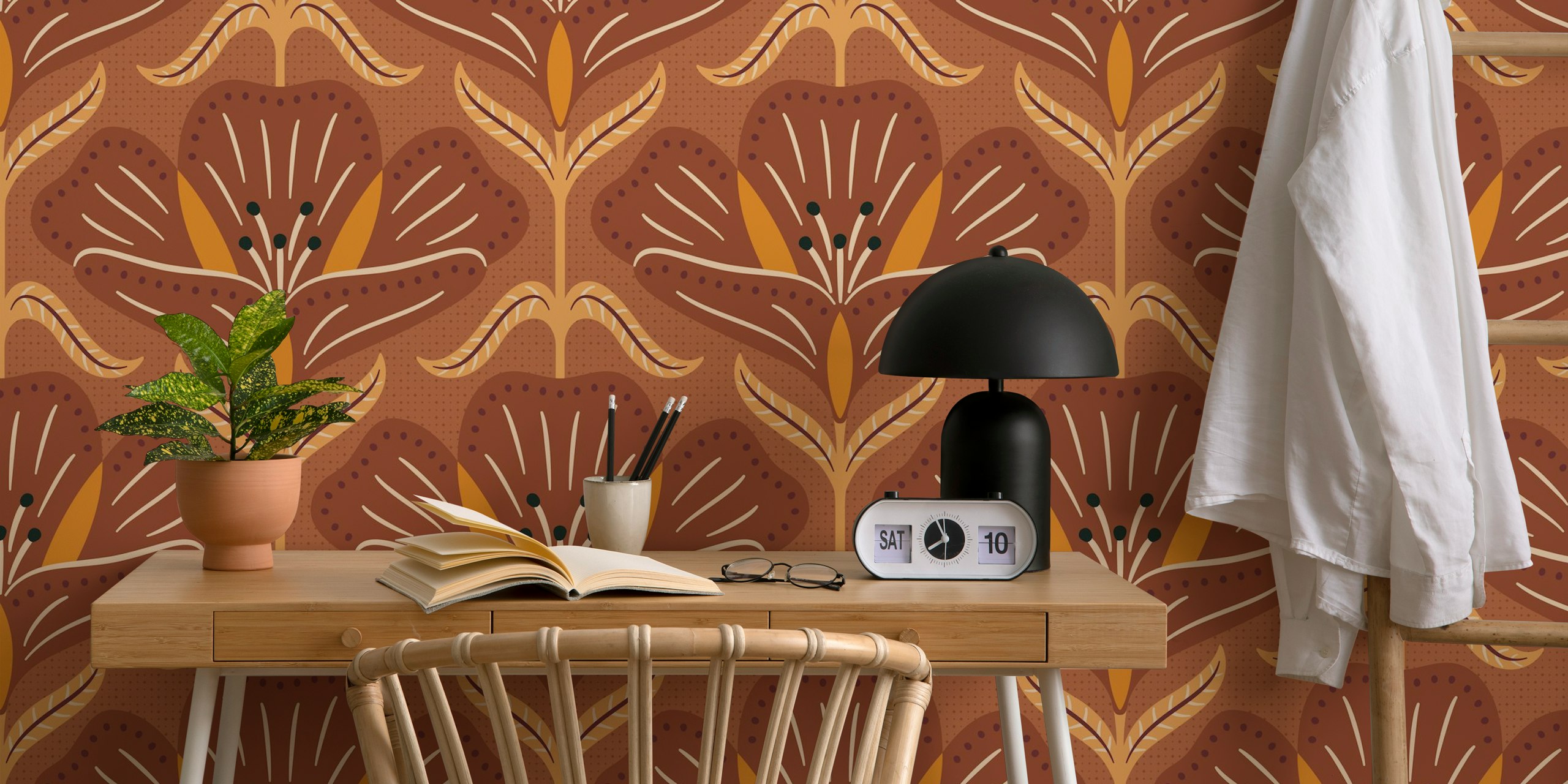 Rusty brown floral pattern wallpaper with vibrant orange accents.